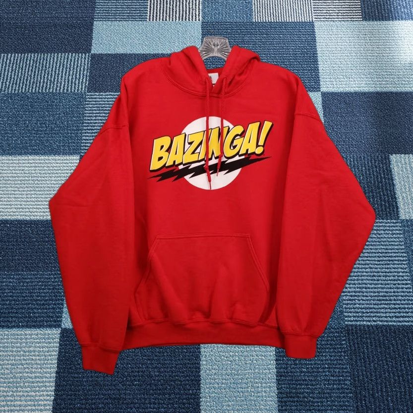 The Big Bang Theory Bazinga Hoodie Mens Large Red Graphic Print Fleece Sweatshirt Pullover Clothing, Men’s