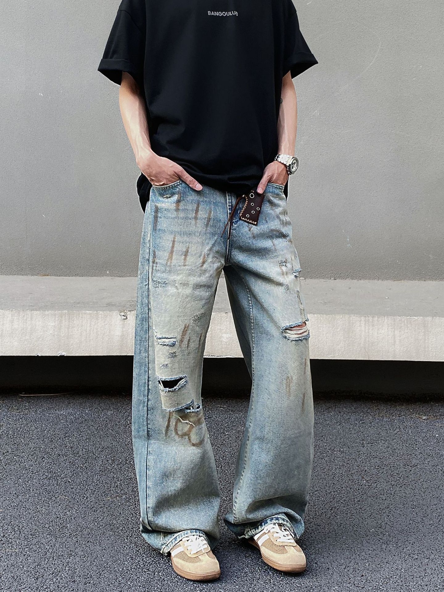 Japanese Brand Men's straight vintage dirty-dyed graffiti ripped jeans Size US 32 / EU 48 - 3 Thumbnail