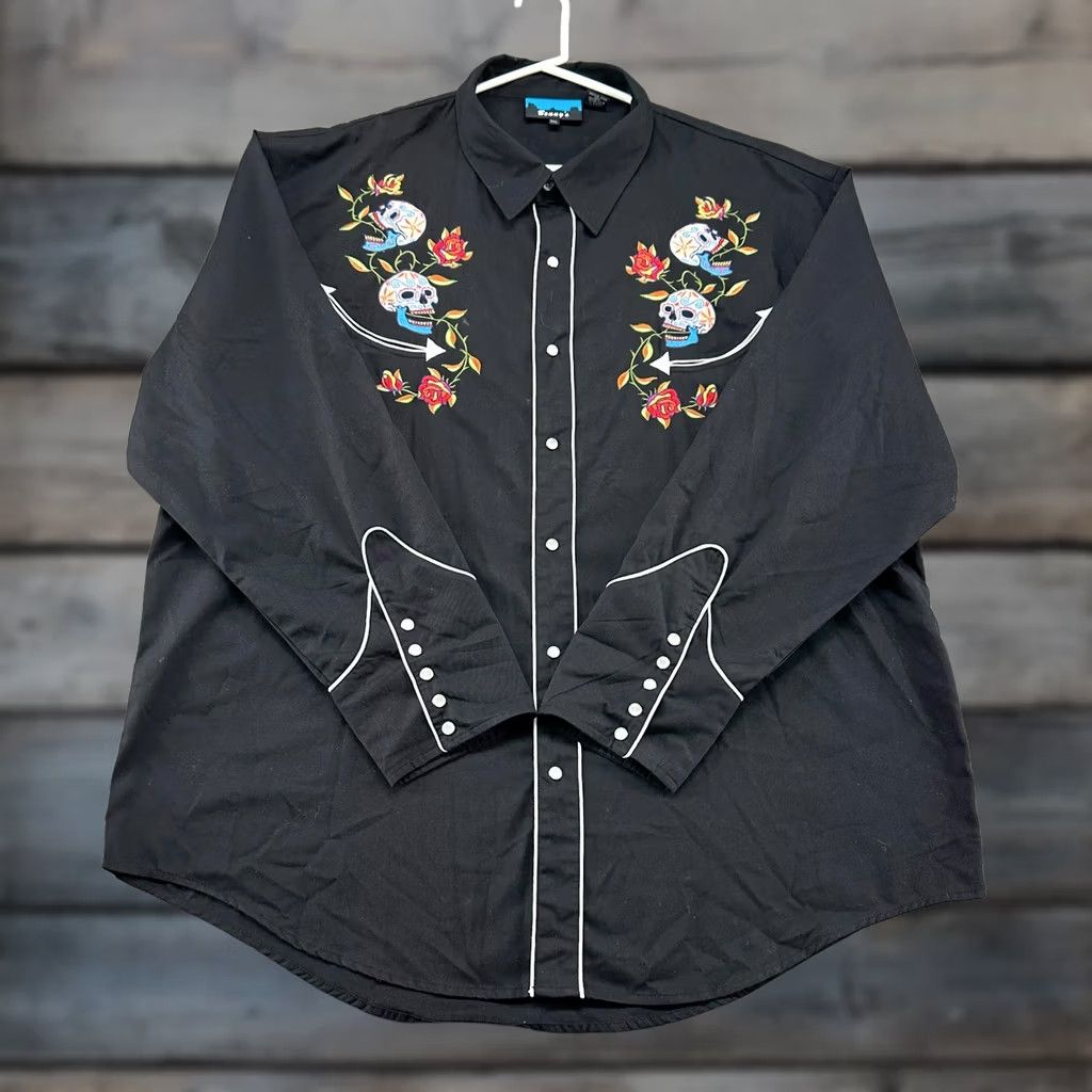 Vintage VINTAGE Bennys Shirt Mens 3XL Black Pearl Skull Roses Long Sleeve Button-Down Collared 90s Western Casual Mens Size US XXL / EU 58 / 5 - 1 Thumbnail