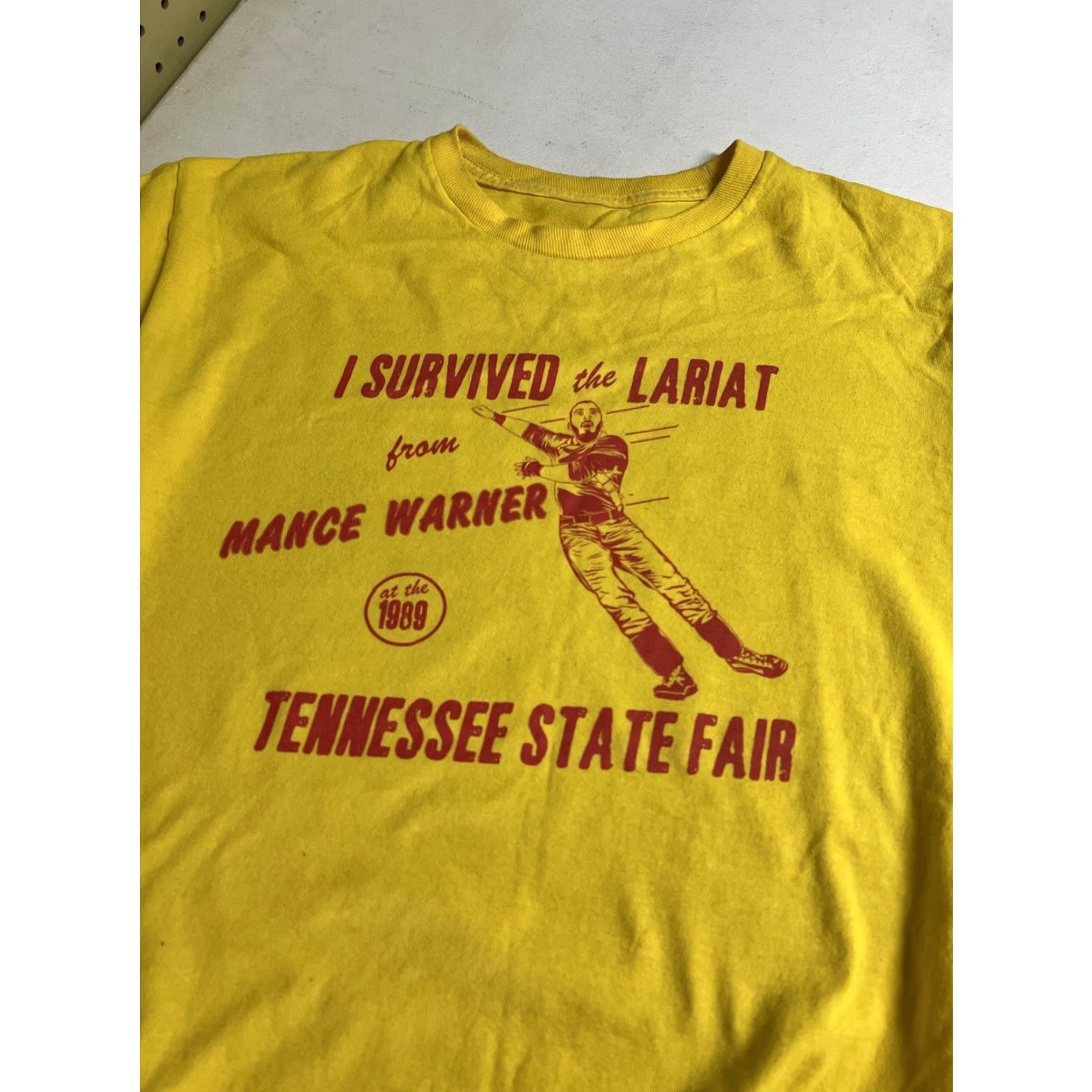 Vintage Nance Warner Yellow T-Shirt Wrestling Lariat Vintage Style Short Sleeve Crew Neck Mens L Yellow Solid Graphic Size US L / EU 52-54 / 3 - 5 Thumbnail