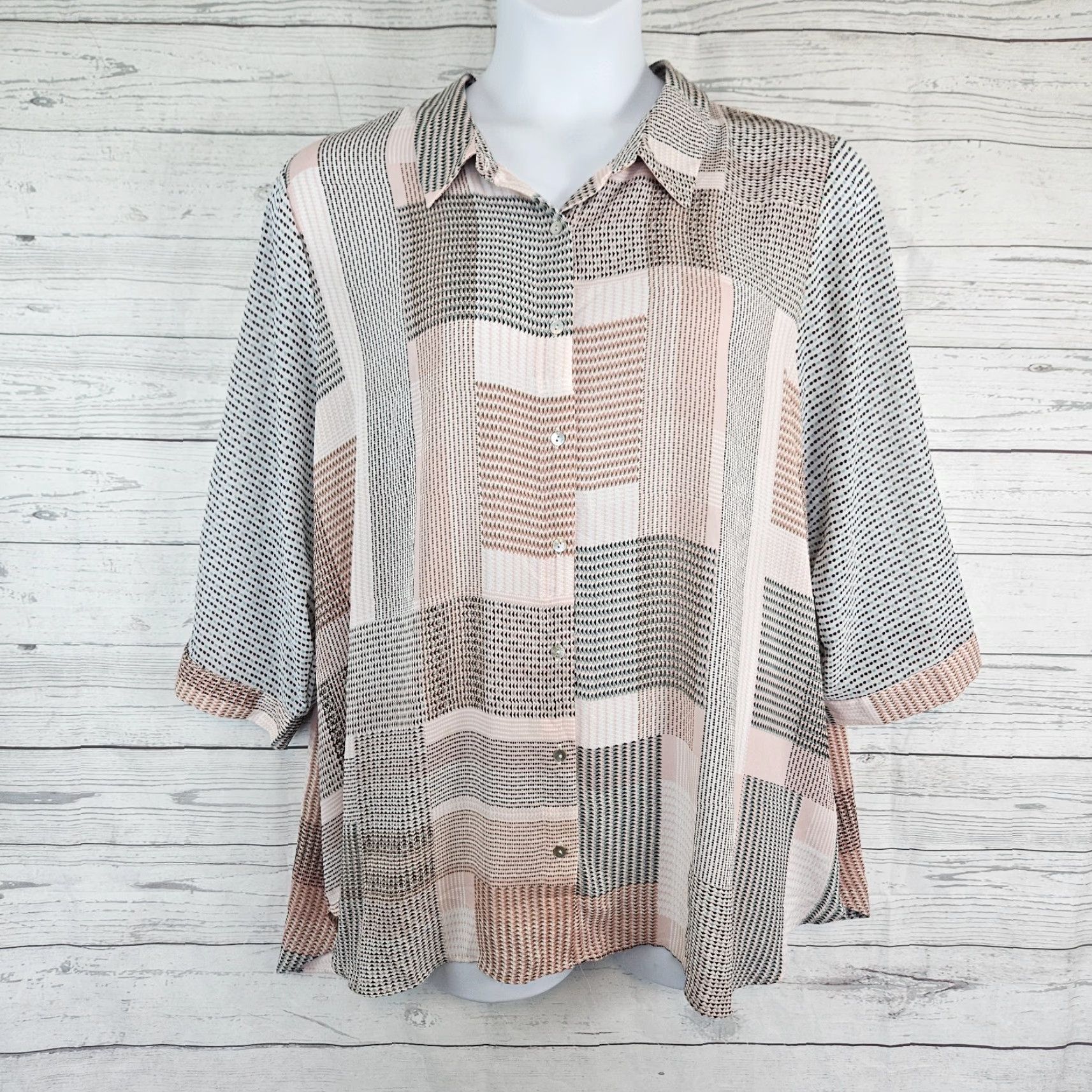 Pinko Rose+Olive Womens Button-Up Top 3X Pink Black 3/4 Sleeve широкий Size XXL / US 16-18 / IT 52-54 - 2 Thumbnail
