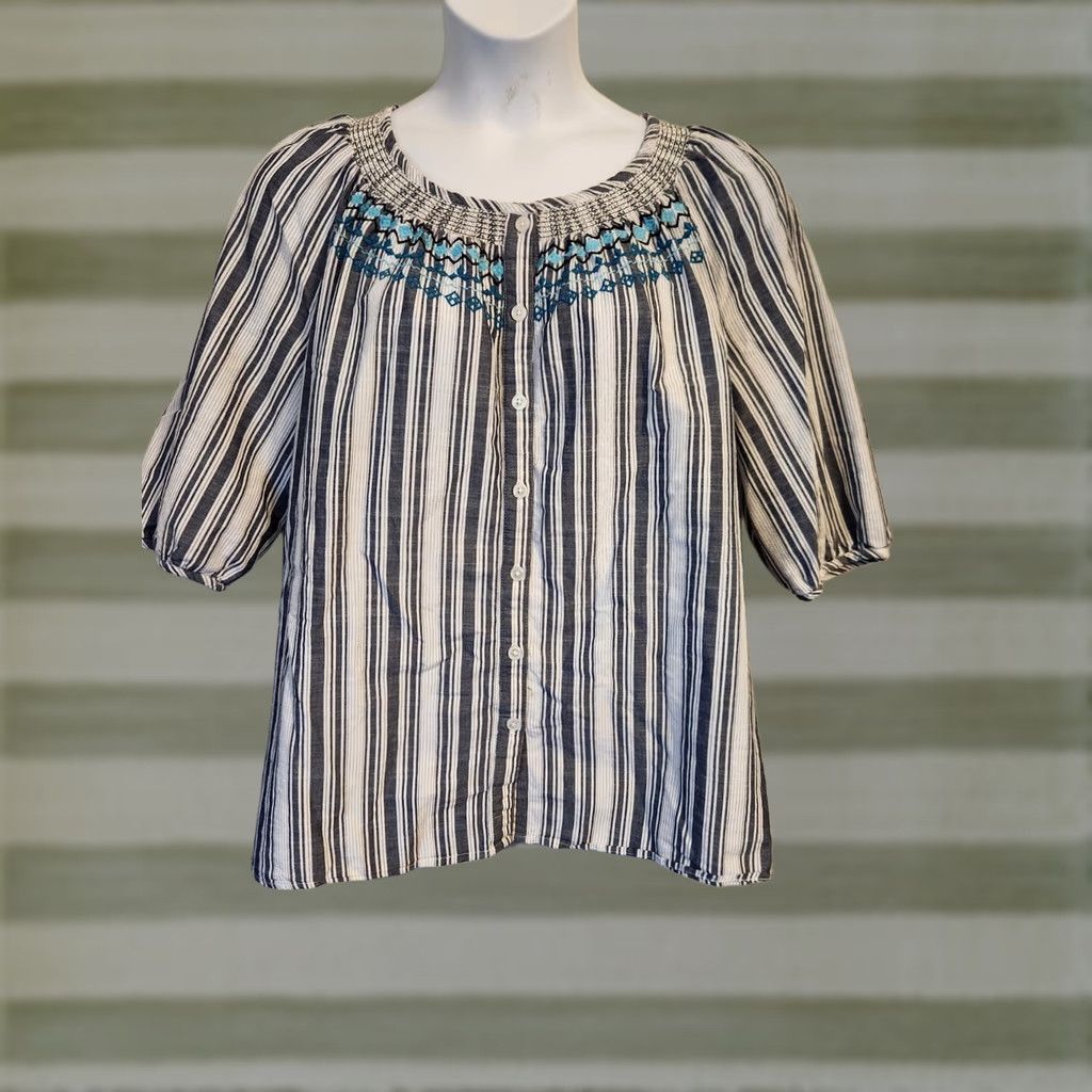Vintage Catherines Blue White Stripe Embroidered Trim Balloon Sleeve Top Boho Hippie 0X Womens Blouse Size XL / US 12-14 / IT 48-50 - 1 Thumbnail