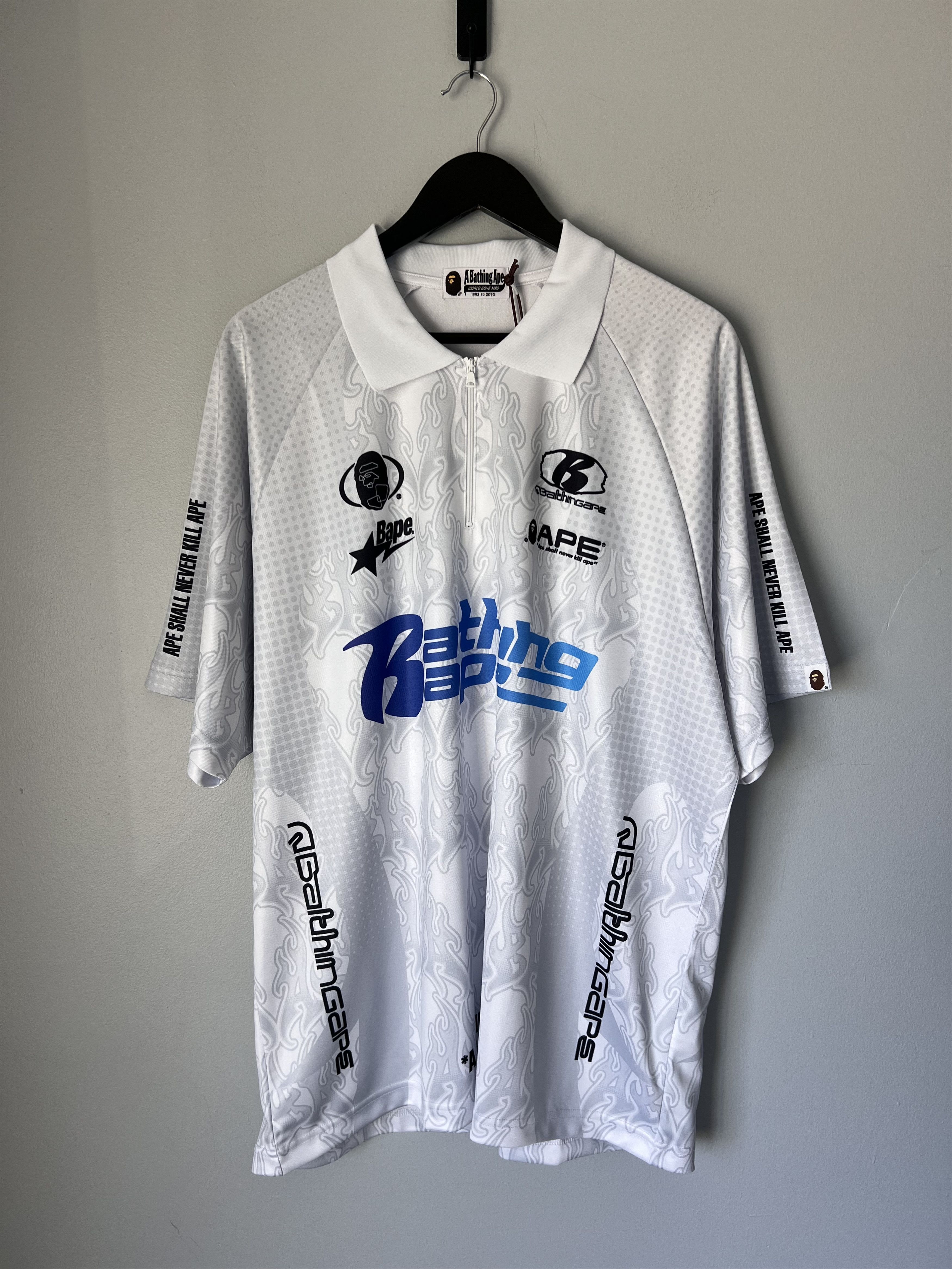 Bape Flame Pattern Overall Half Zip Polo Jersey in White