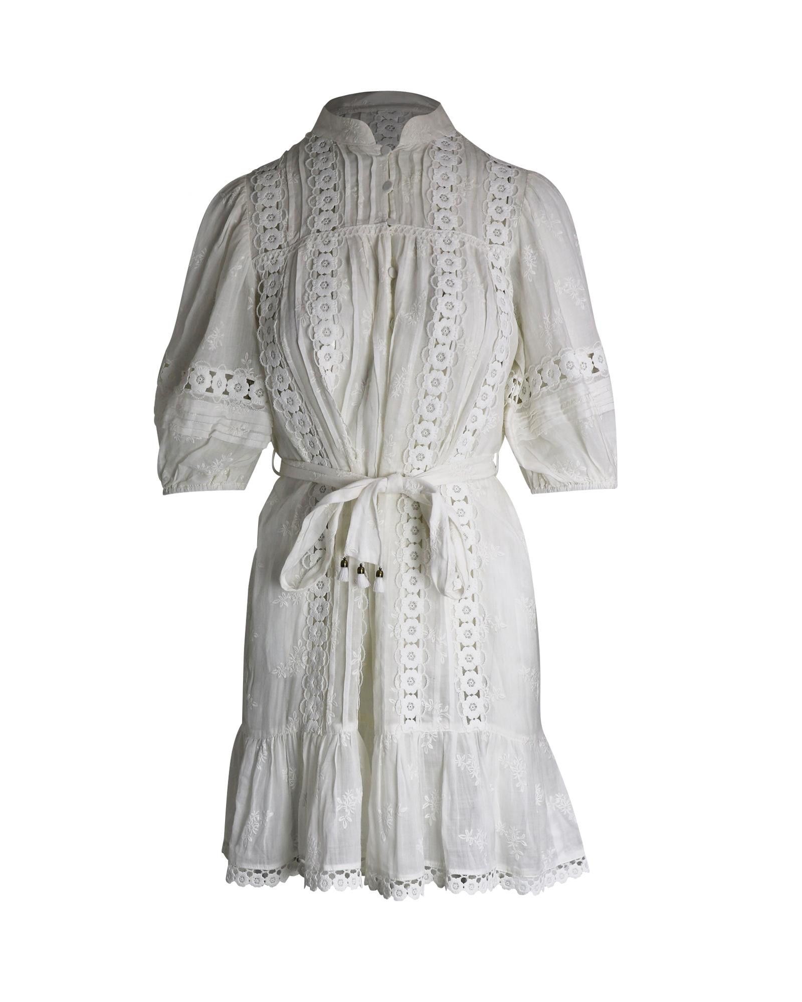 image of Zimmermann Belted Embroidered Mini Dress In White Ramie, Women's (Size Small)