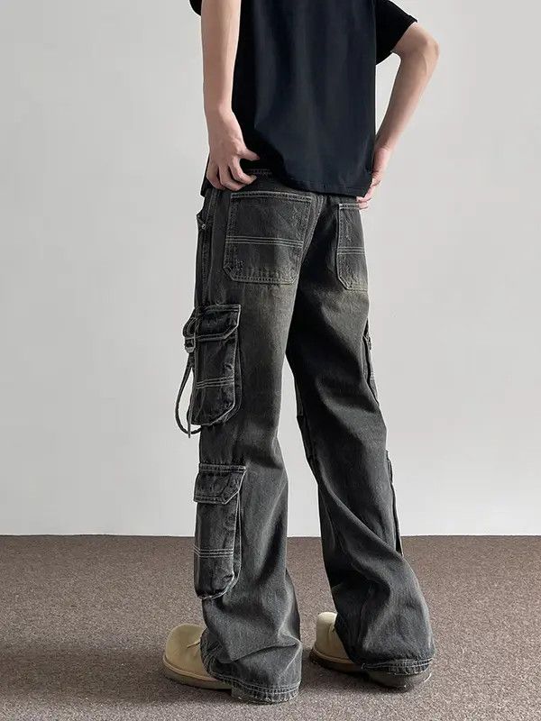 VIBE Black Washed Cargo Denim Jeans with Straps Size US 32 / EU 48 - 4 Thumbnail