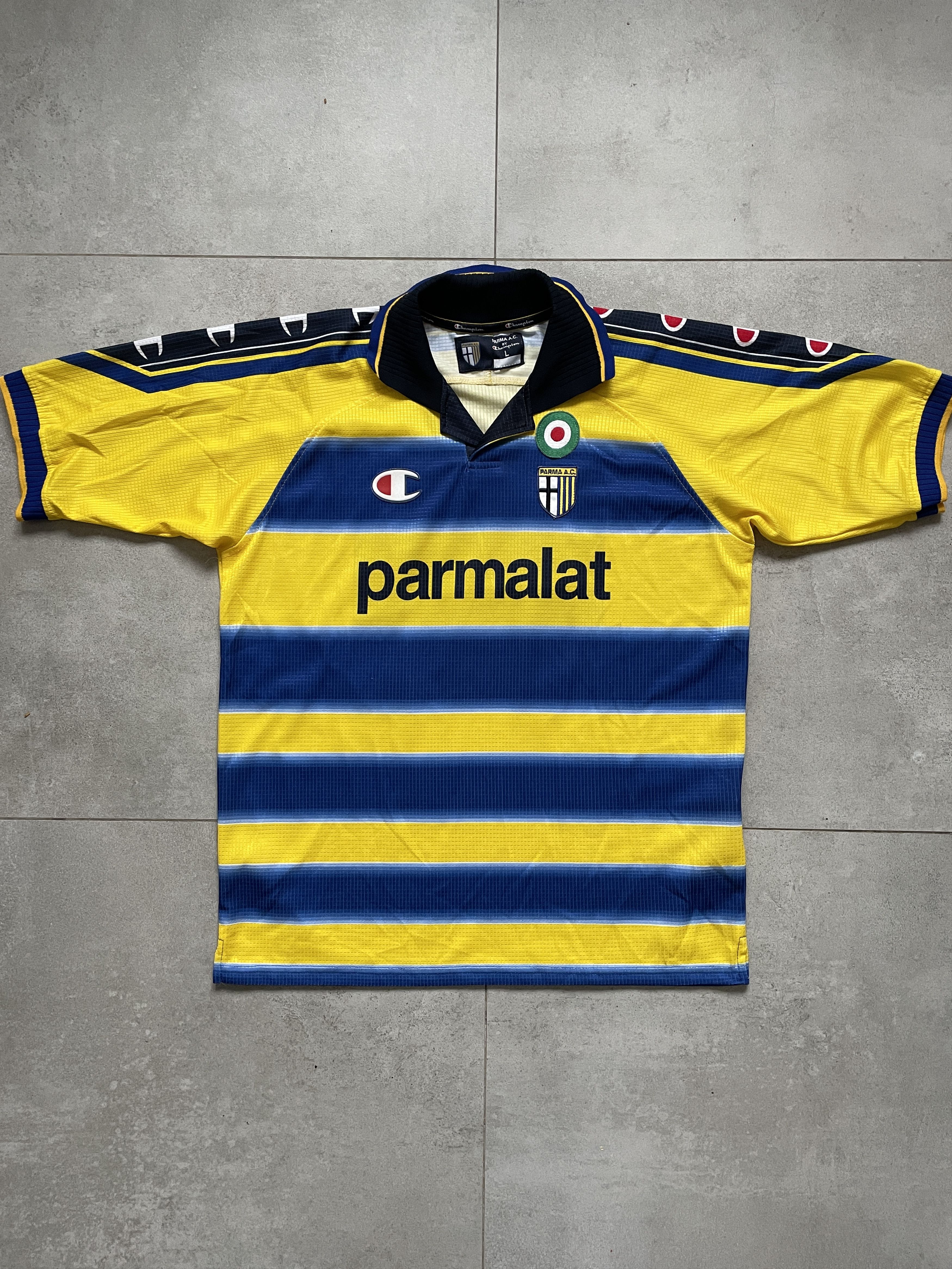 image of Vintage 90's Champion Parma Stripe Yellow Blue Nakata Jersey in Blue Yellow, Men's (Size Large)