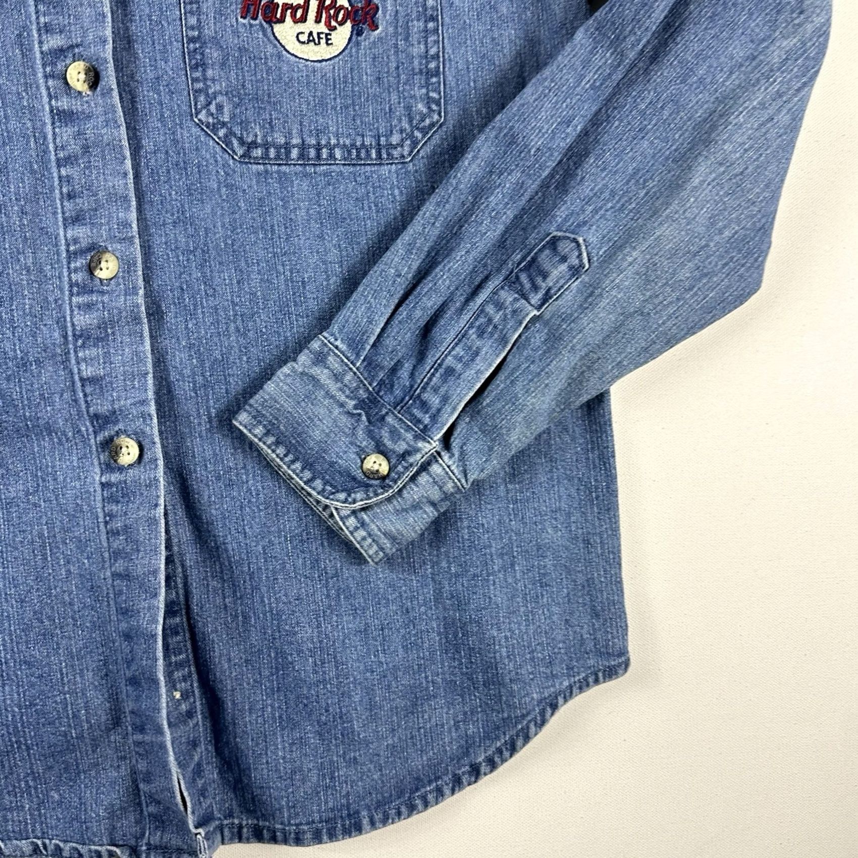 Hard Rock Cafe VINTAGE Hard Rock Cafe Denim Jean Shirt Women M Blue Long Sleeve Embroidered Guitars Button-Up Style Basic Shirt Size M / US 6-8 / IT 42-44 - 6 Thumbnail