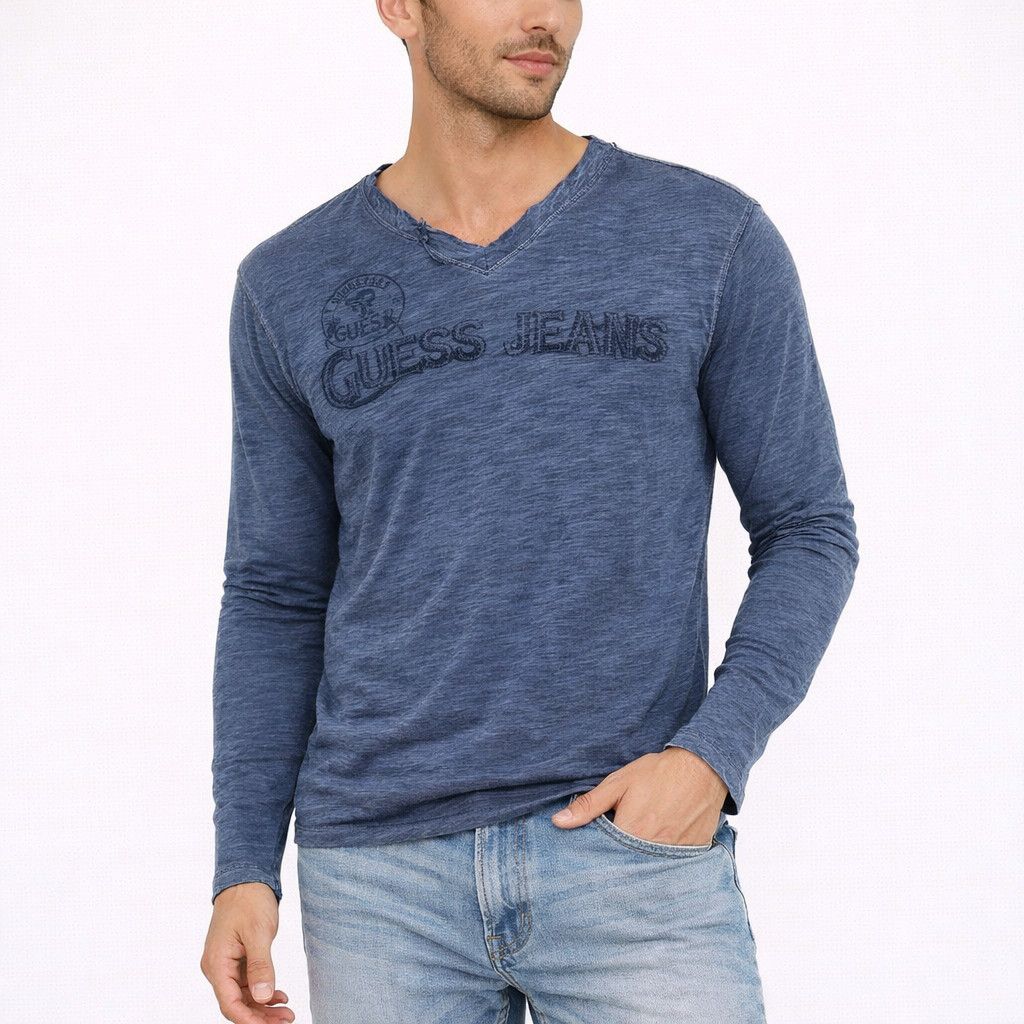 Guess Heathered Graphic Split V-Neck Long Sleeve Tee Size US M / EU 48-50 / 2 - 1 Thumbnail