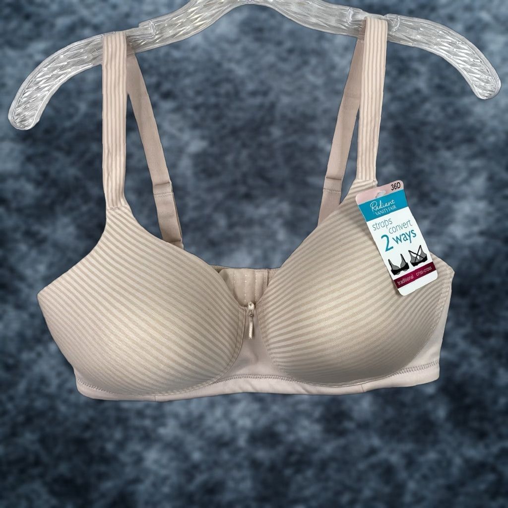Vintage Vanity Fair Radiant Bra 36D Beige Striped Straps Convertible NWT Underwired Nylon Spandex Multiway Back Closure Fashion Women Size ONE SIZE - 1 Thumbnail