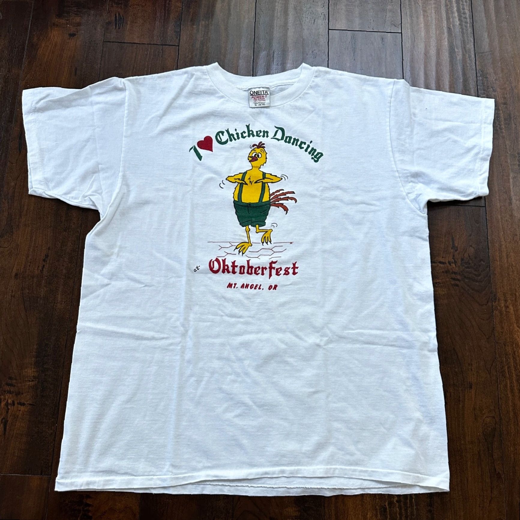 Vintage VINTAGE Oneita Chicken Dance T-Shirt Men XL White Funny Animal Farm Oktoberfest 90s Size US XL / EU 56 / 4 - 4 Thumbnail