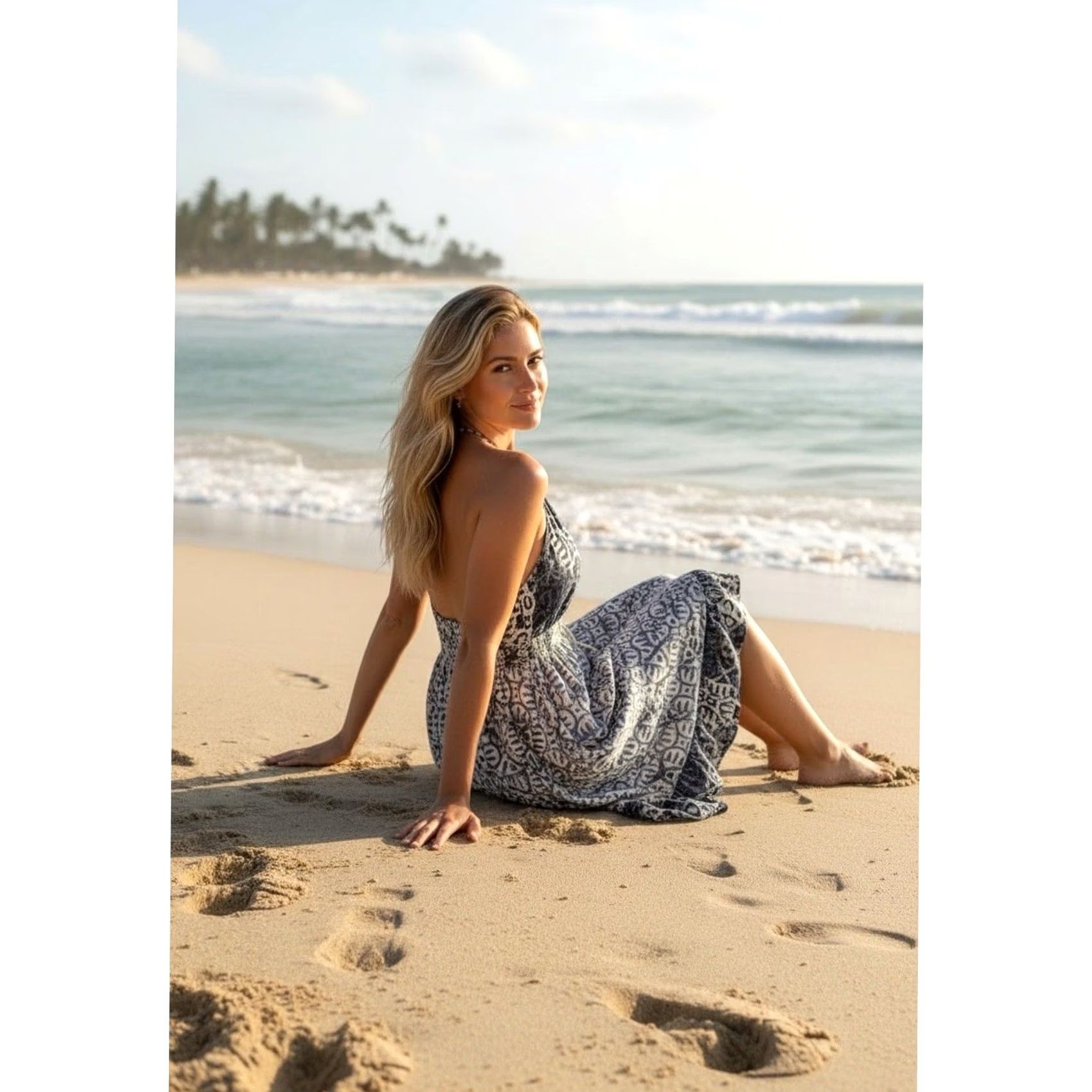 Free People Beach Day Dress Halter Sleeveless Mini Geometric Tasseled Blue White XS?