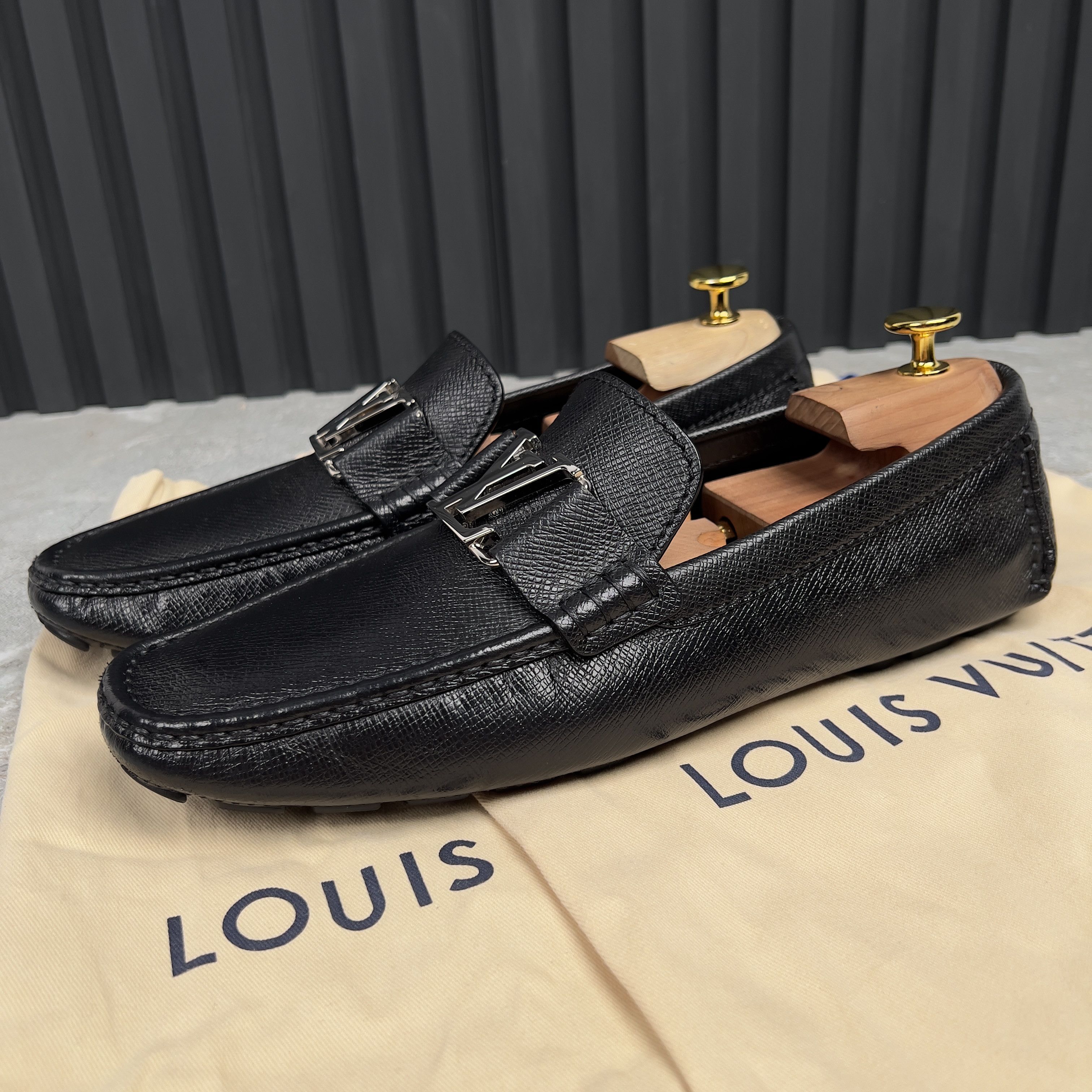 Louis Vuitton Monte Carlo Driving Moccasin Taiga Leather Shoes in Black, Men's (Size 9)