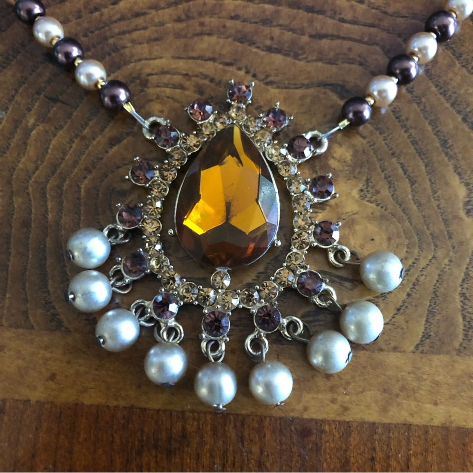 Handmade Handcrafted repurpose brown topaz pendant Pearl necklace Size ONE SIZE - 11 Thumbnail