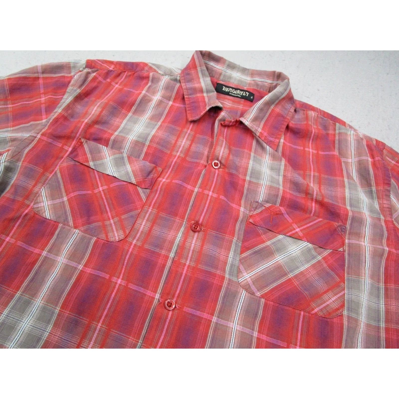 Vintage Dragonfly Button-Up Shirt Men's Extra Large Red Plaid Retro Rock Music Long Sleeve Size US XL / EU 56 / 4 - 2 Thumbnail