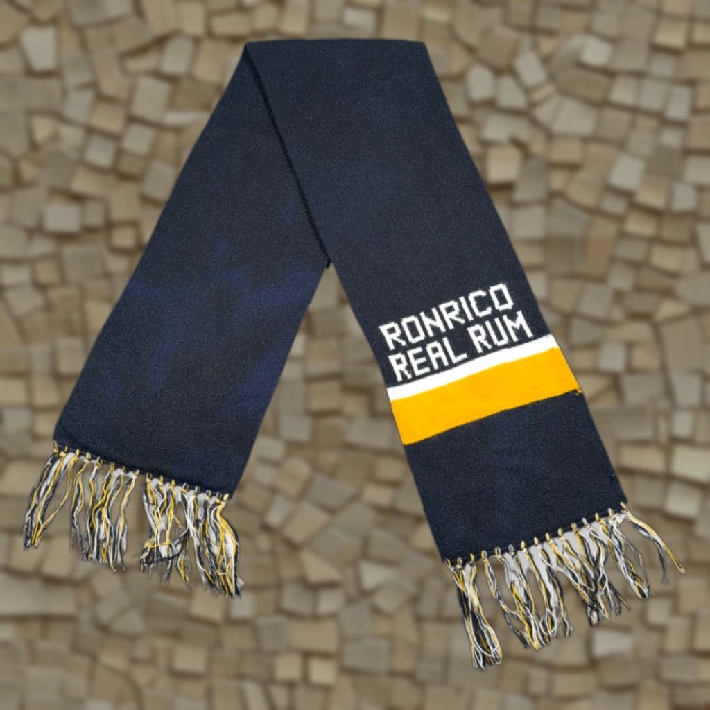Vintage VINTAGE Ronrico Rum Scarf Scarf Black Blue Yellow Orlon Acrylic Knit USA 60s Mens Size ONE SIZE - 1 Thumbnail