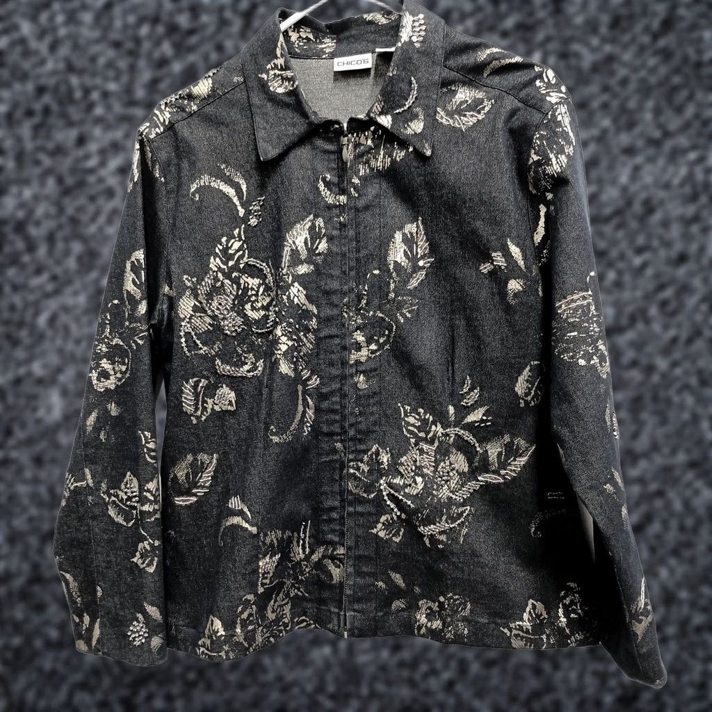 Vintage Chicos Jacket Womens Large Blue Denim Gold Floral Beaded BOHO Outdoor Size L / US 10 / IT 46 - 1 Thumbnail