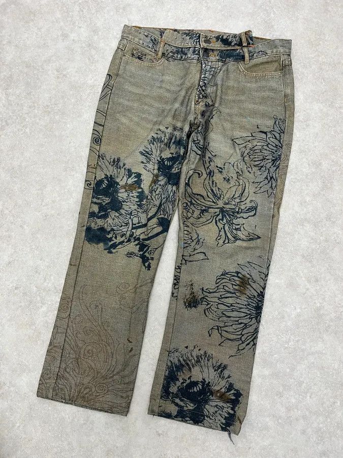 Roberto Cavalli 2000s Cavalli Grey Floral Denim Jeans Size US 31 - 5 Thumbnail