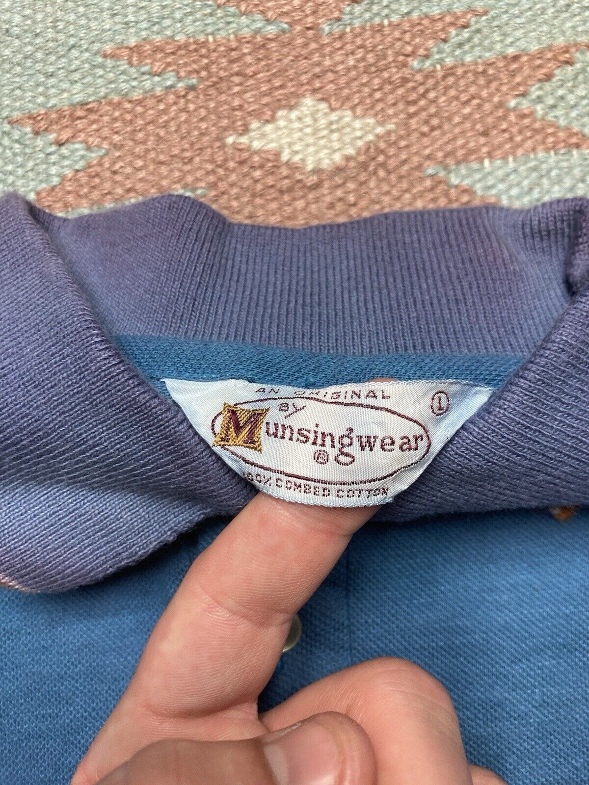 Vintage VTG 70s munsingwear polo shirt blue golf combed cotton large Size US L / EU 52-54 / 3 - 6 Thumbnail