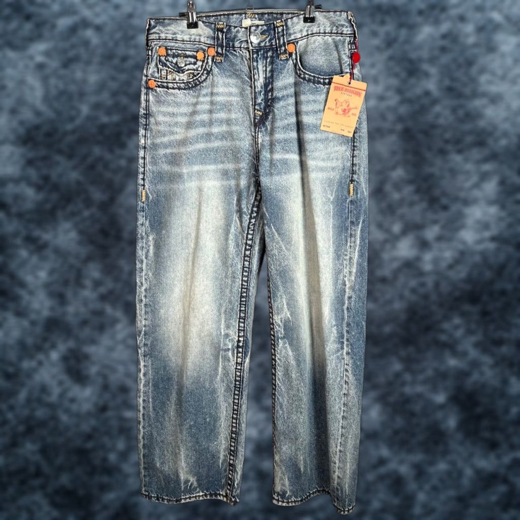 VINTAGE True Religion Jeans Mens 32 Light Wash Denim 5-Pocket Wide-Leg Mid Rise 32 Inseam Blue N/A
