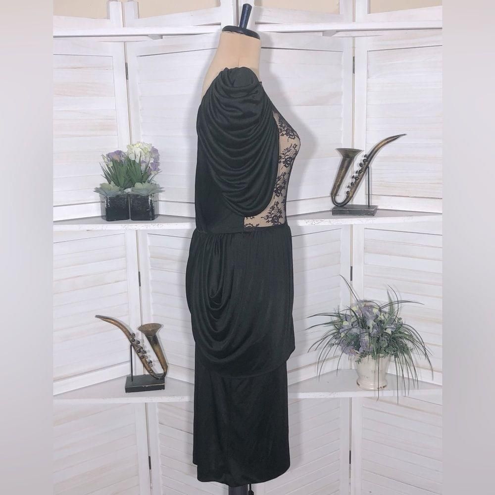 Vintage 80s black sheer lace puffed sleeves peplum cocktail dress S Size M / US 6-8 / IT 42-44 - 6 Thumbnail