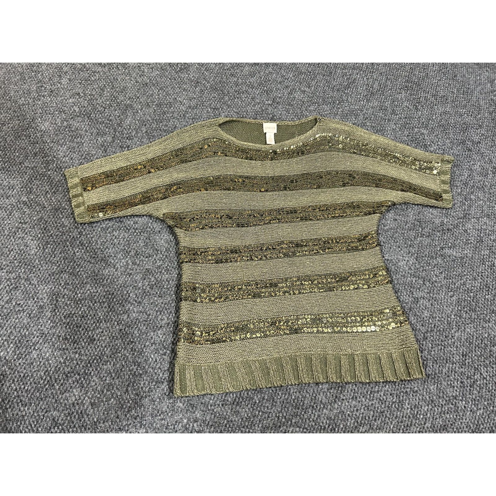 Vintage Chicos Sweater Womens 2 Green Gold Sequin Stripe Knit Metallic Short Sleeve Pullover Round Neck Knit Style Chunky-Knit Fashion Modern Mens? Size XS / US 0-2 / IT 36-38 - 2 Thumbnail