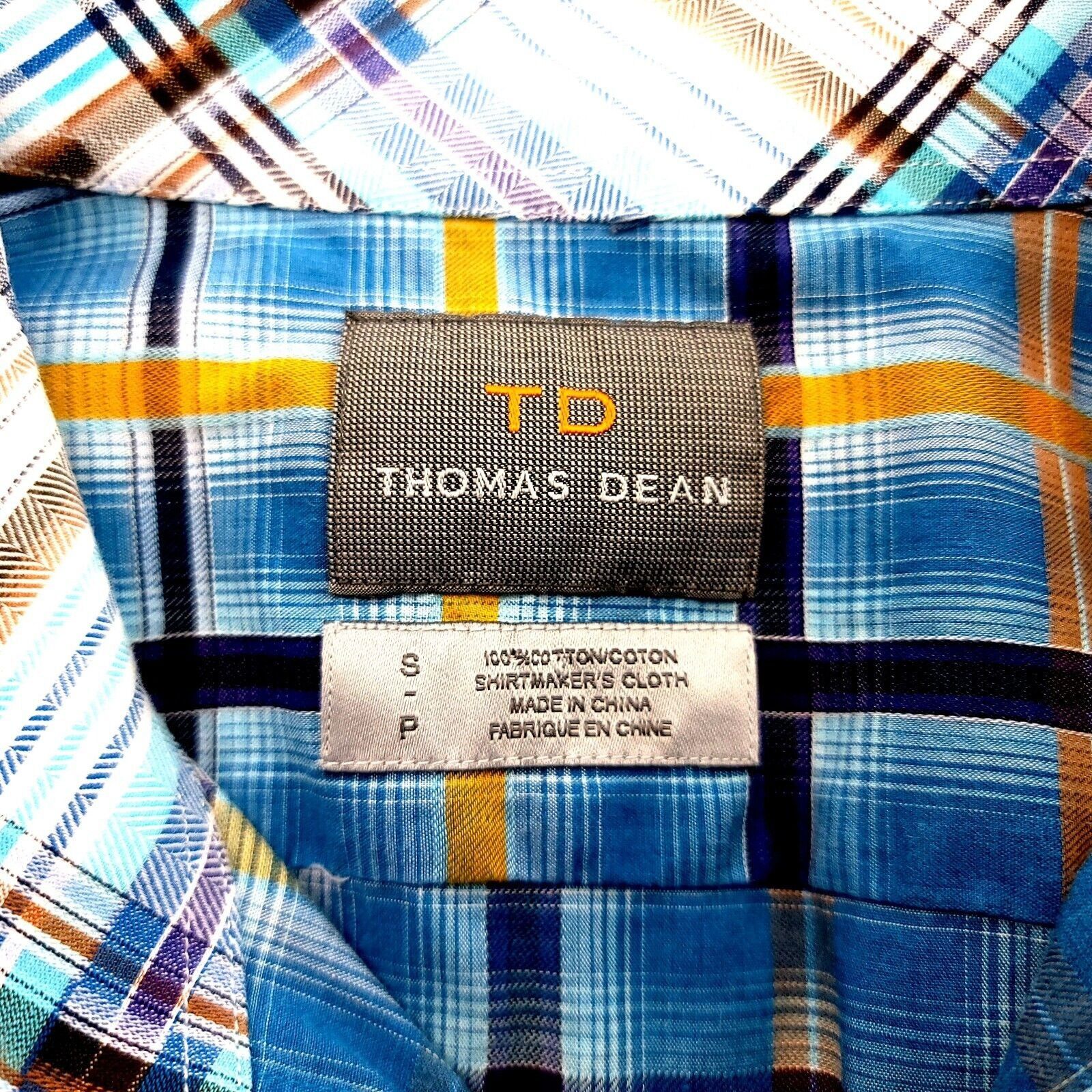 Designer Thomas Dean Small Blue Yellow Windowpane Flip Cuff Button Fr Size US S / EU 44-46 / 1 - 7 Thumbnail