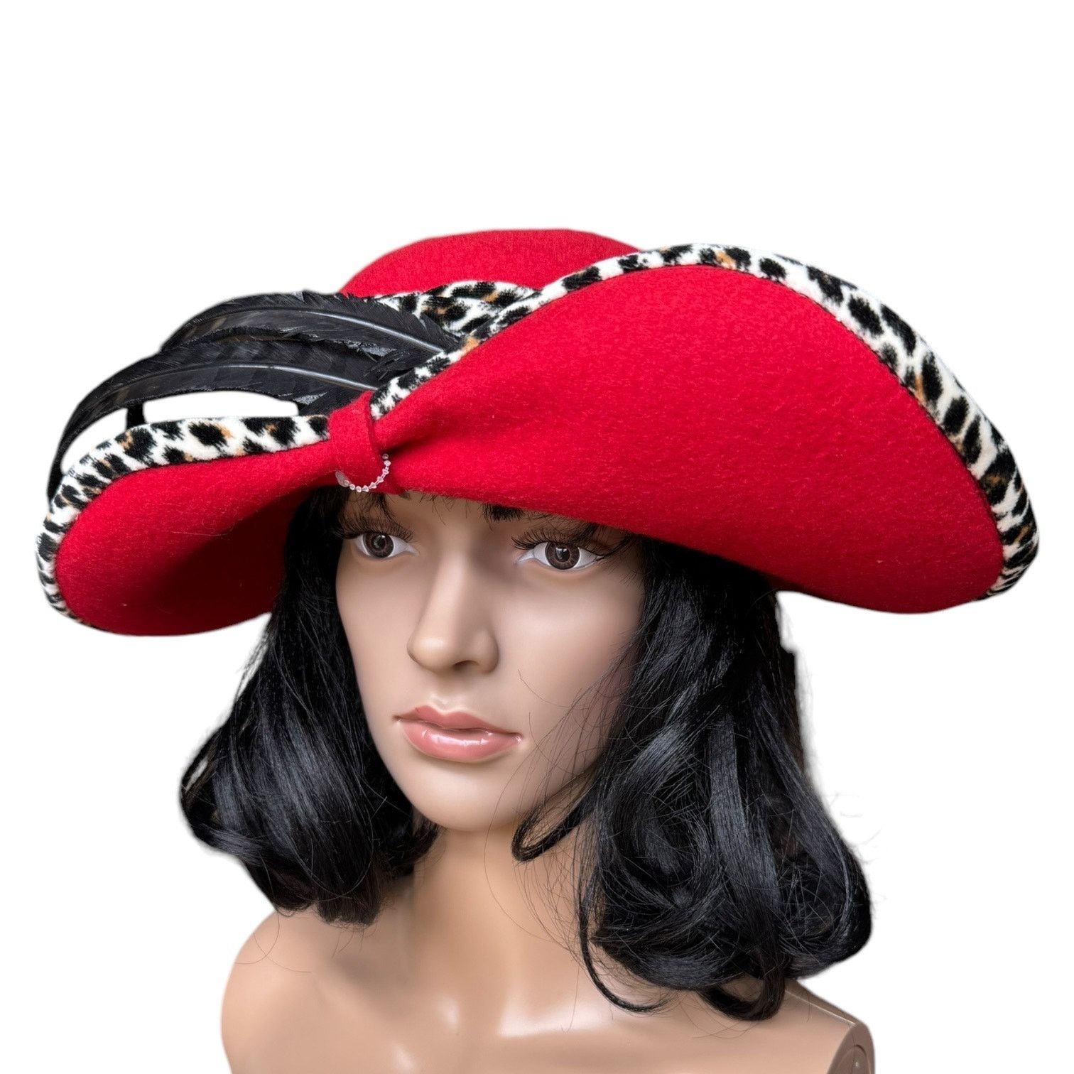 Vintage NWT 1960's Mr. John Classic Hat Red animal print feathers Size ONE SIZE - 8 Thumbnail