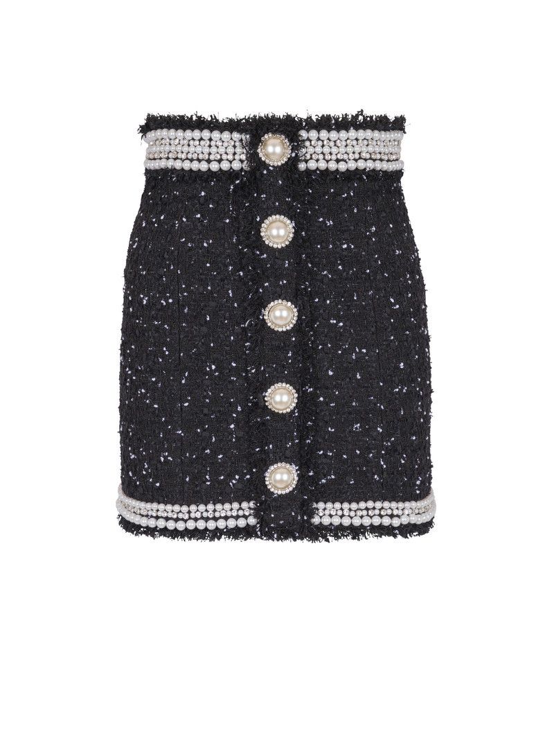 Balmain o1s1wg110526 Embroidered Polka-Dot Tweed Skirt in Black Size 26" / US 2 / IT 38 - 1 Thumbnail