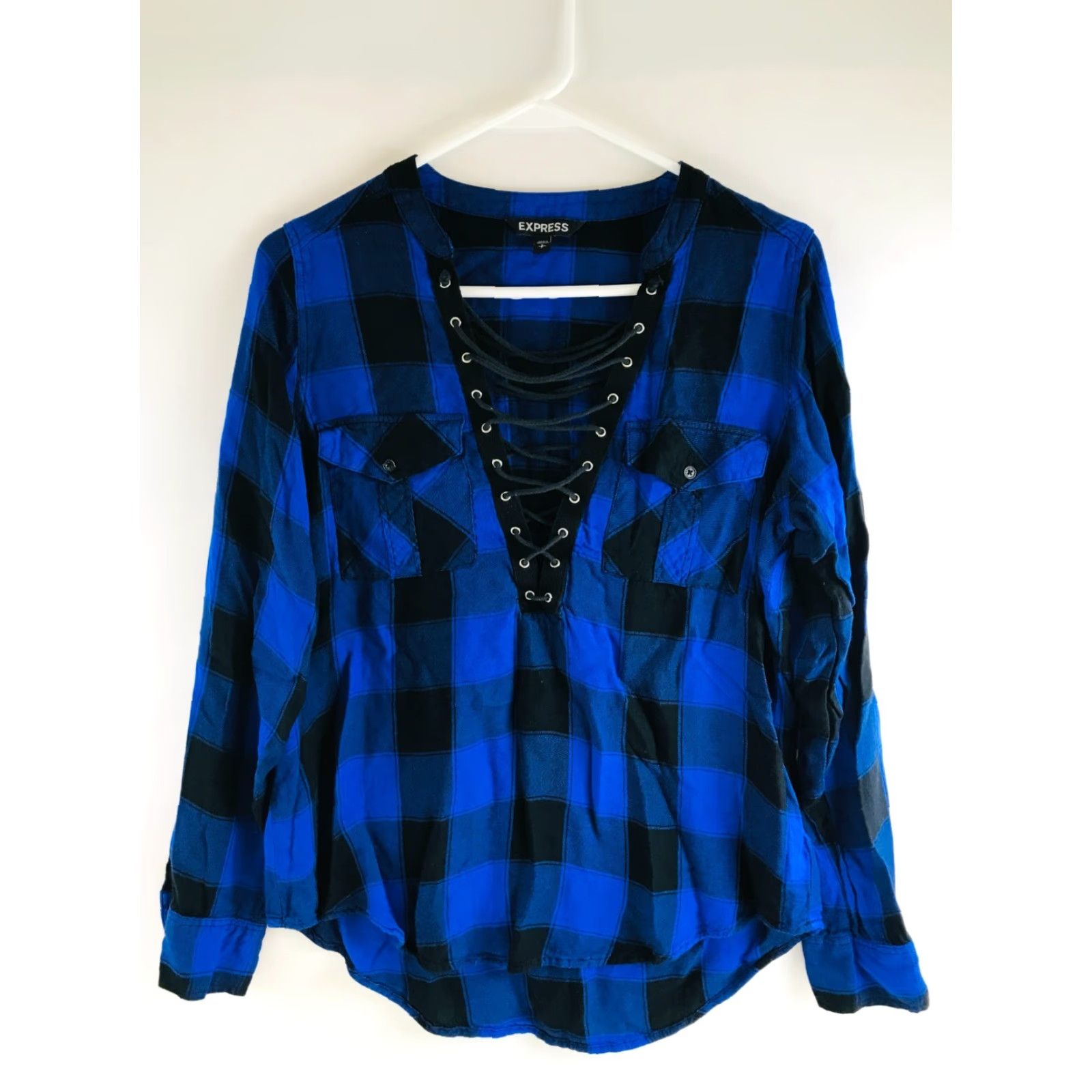 Express Express Blouse Women's Size S Blue Black Plaid Long Sleeve Lace-Up V-Neck Flaps Size S / US 4 / IT 40 - 2 Thumbnail