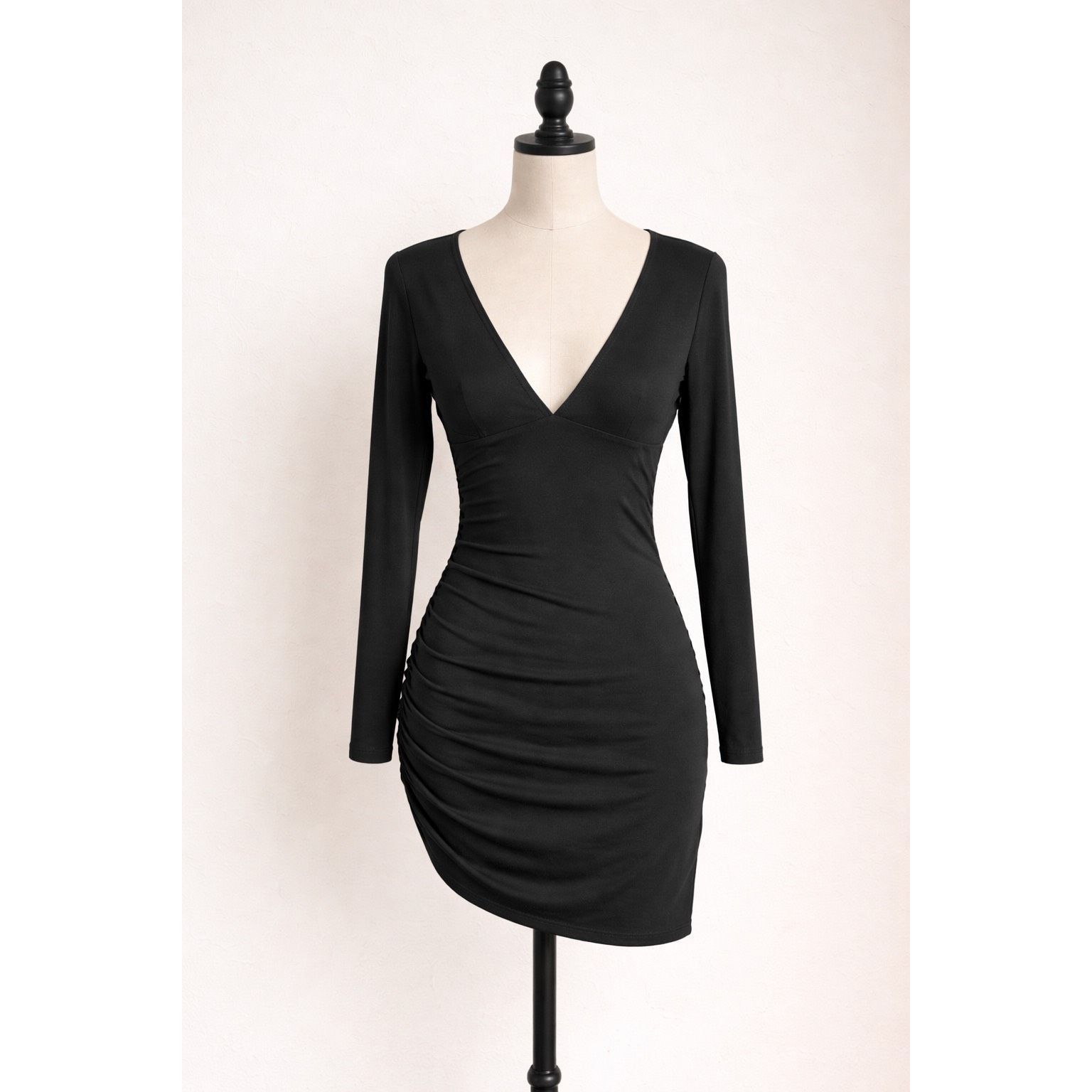 Shein Shein Black Plunging Neck Ruched Bodycon Dress Women’s Small Size S / US 4 / IT 40 - 1 Thumbnail