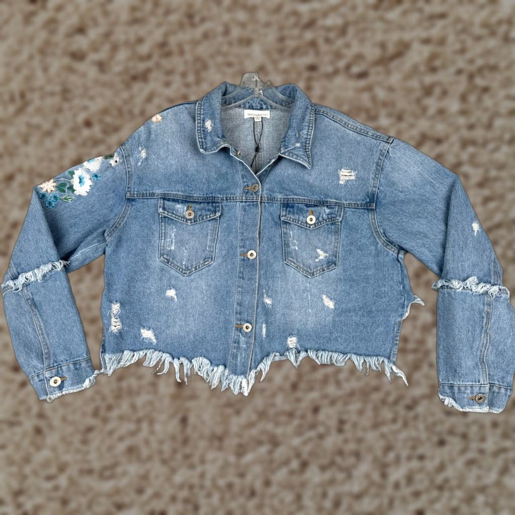 Vintage Dance & Marvel Jacket Womens Large Blue Denim Jean Distressed Floral Embroidered Size 40" / US 18 - 1 Thumbnail