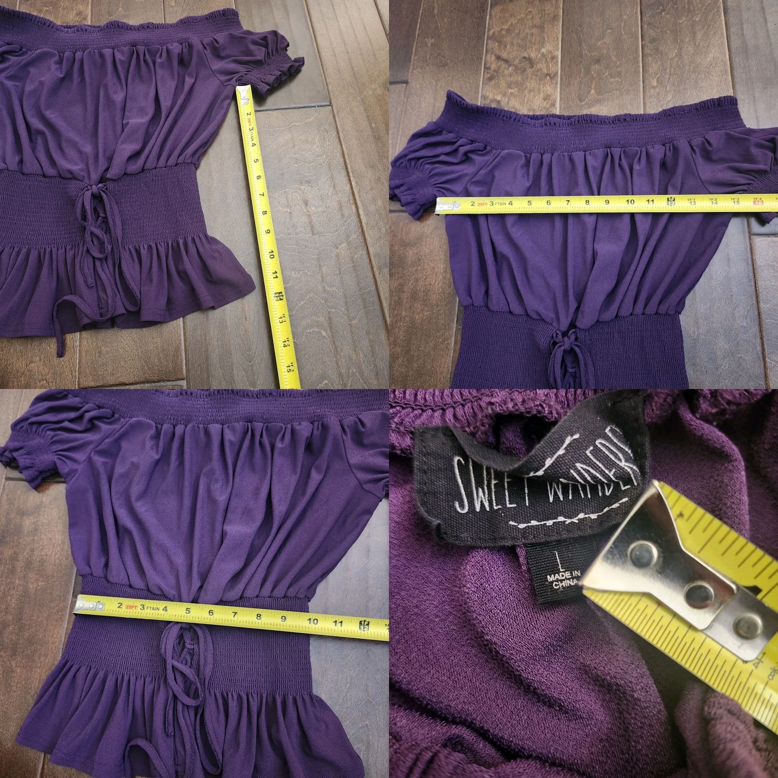 Vintage Sweet Wanderer Purple off Shoulder Top Short Sleeve L Juniors Elastic Waist Zig Zag Laced Up Bow Tie Blouse Size L / US 10 / IT 46 - 8 Thumbnail