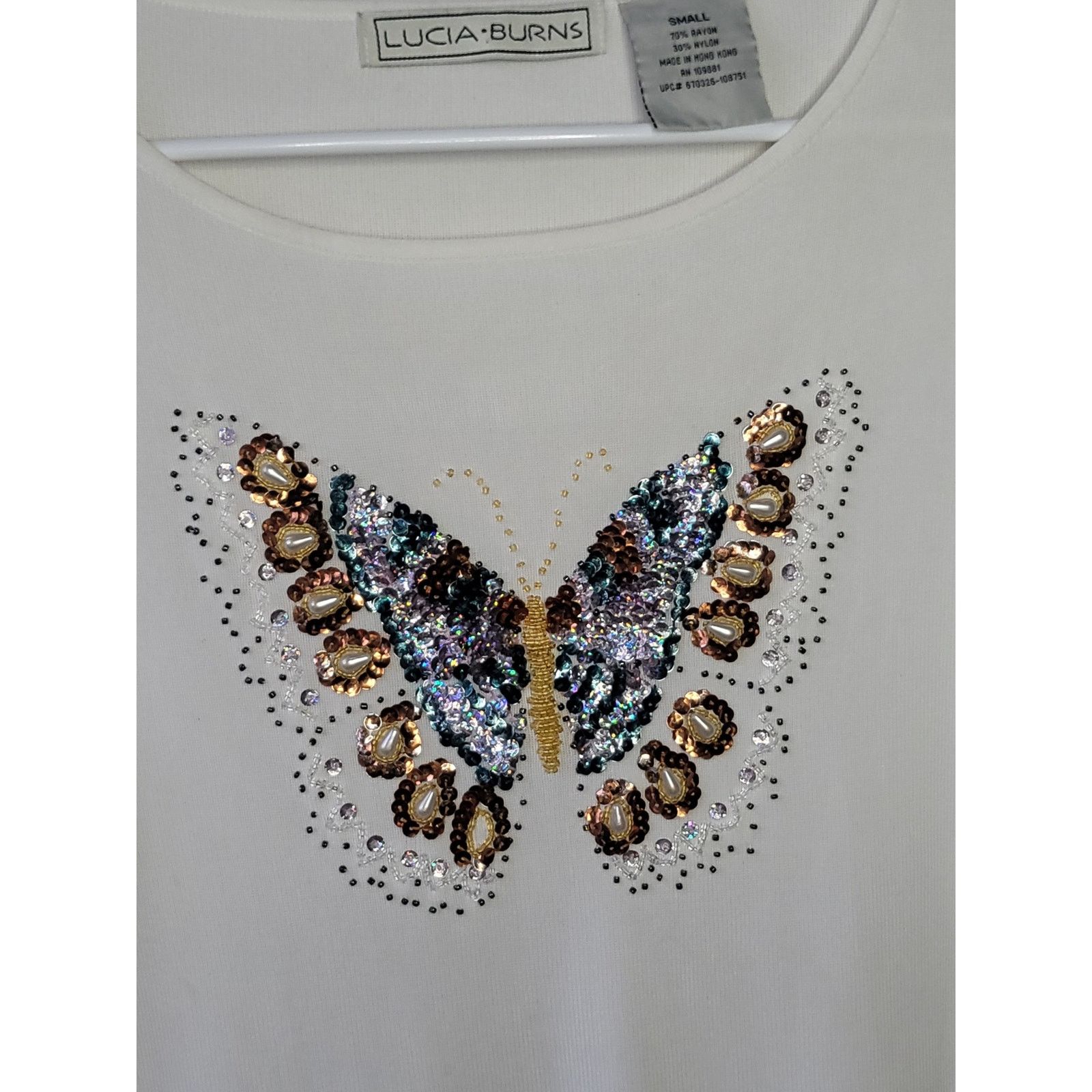 Vintage 90s/Y2K Off White Beaded Butterfly Top 3/4 Sleeves Sequins Size S / US 4 / IT 40 - 3 Thumbnail