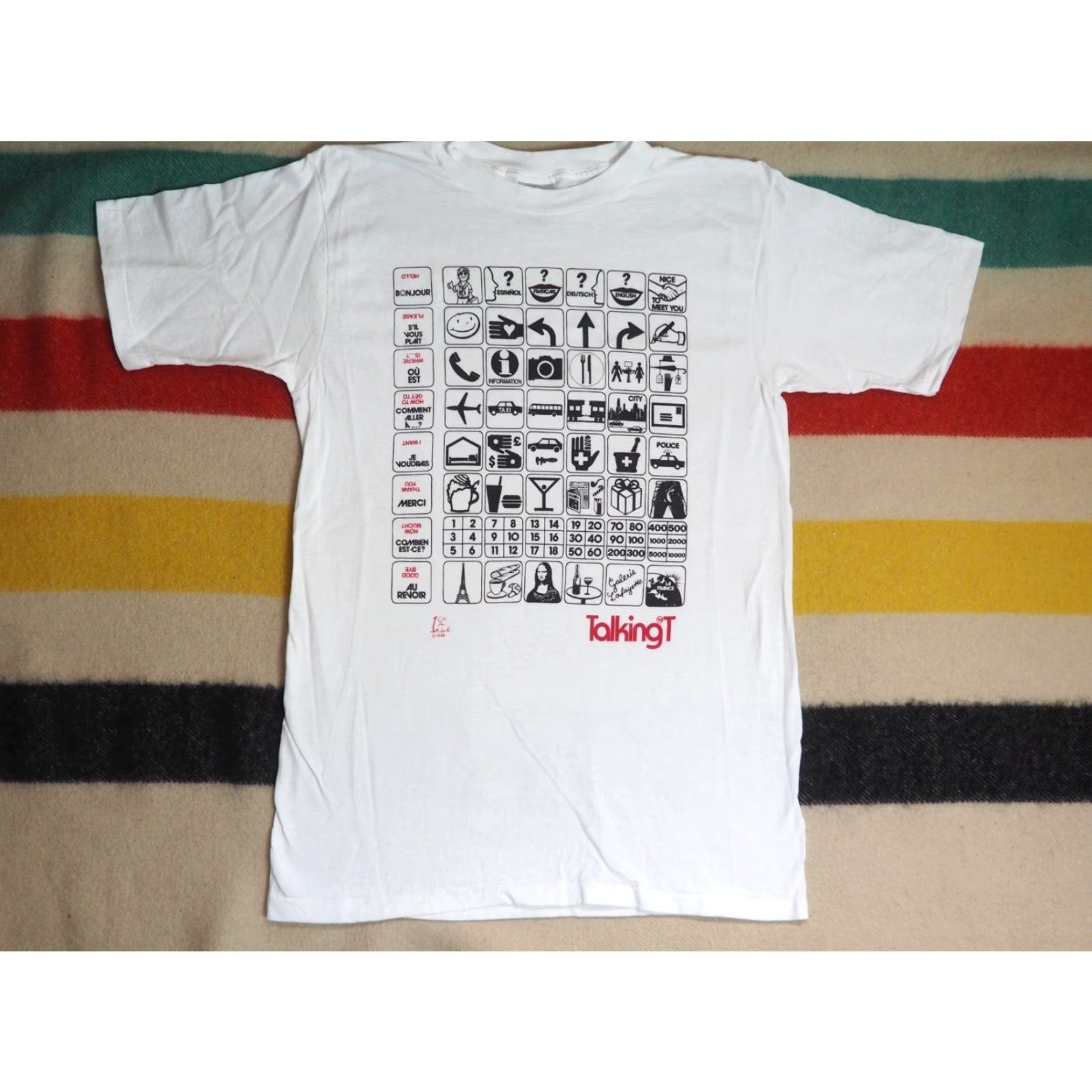 Vintage VTG 80s Oneita Talking T French Travel Art Tourist White Tee T-Shirt Mens M Size US M / EU 48-50 / 2 - 2 Thumbnail