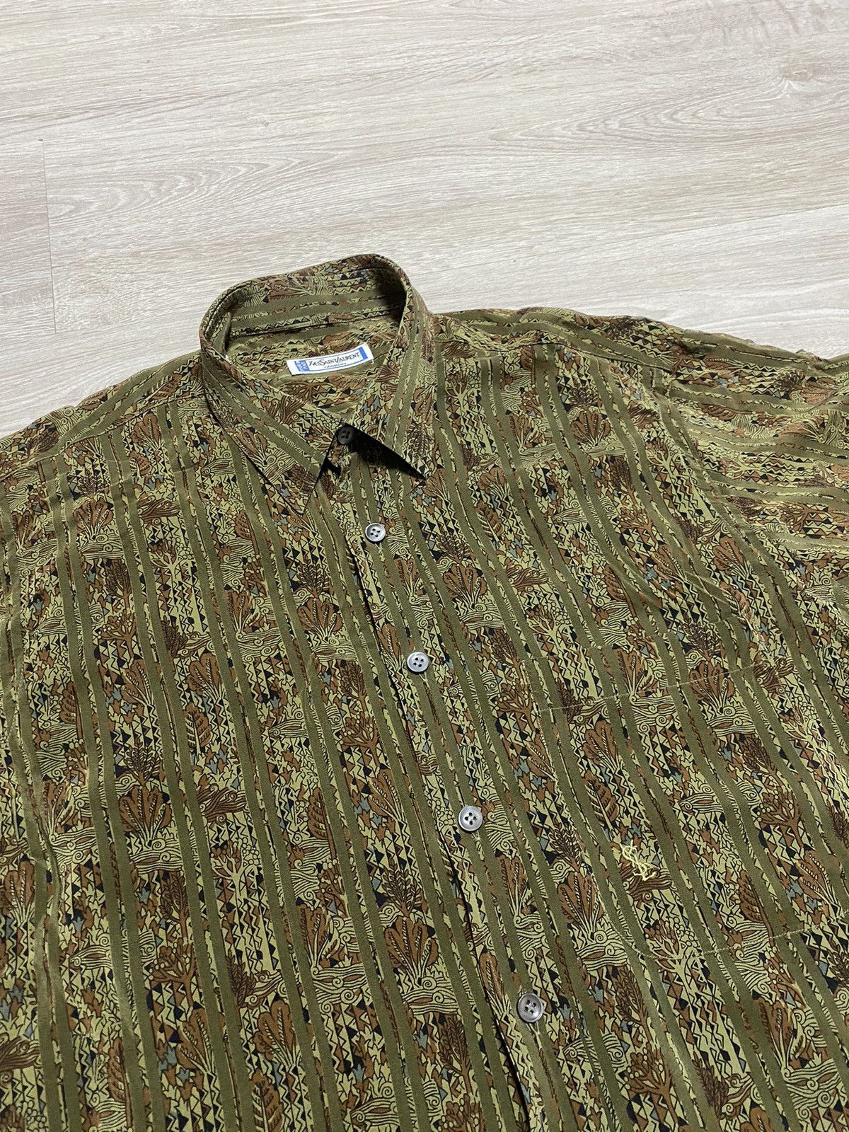 image of Sik Silk x Vintage Silk YVES Saint Laurent Chemises YSL Shirt 80’S in Olive, Men's (Size Small)