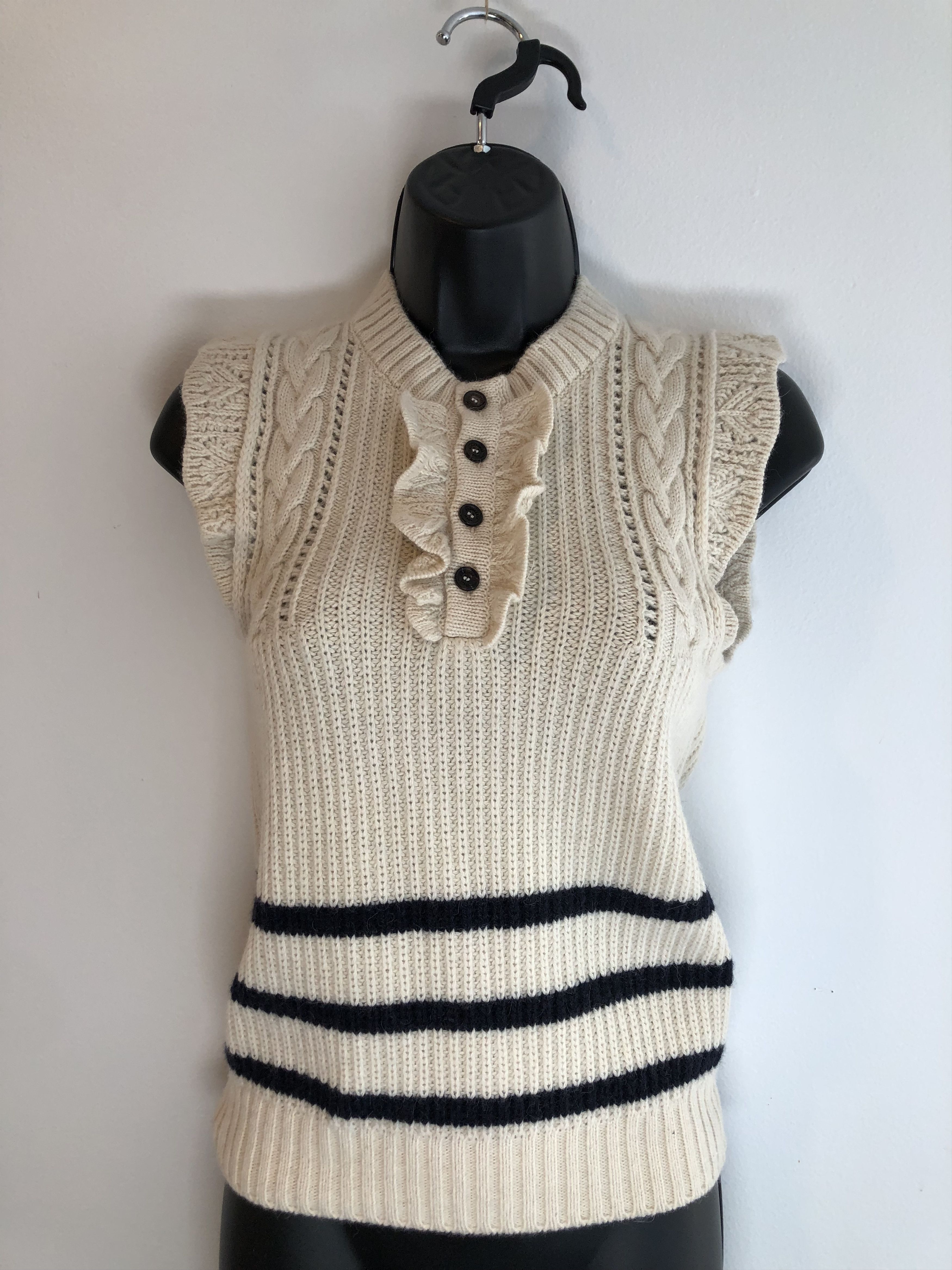 image of Dsquared2 Ruffle Trim Sleeveless Sweater, Cream Navy Stripes in Cream/Navy, Women's (Size Small)