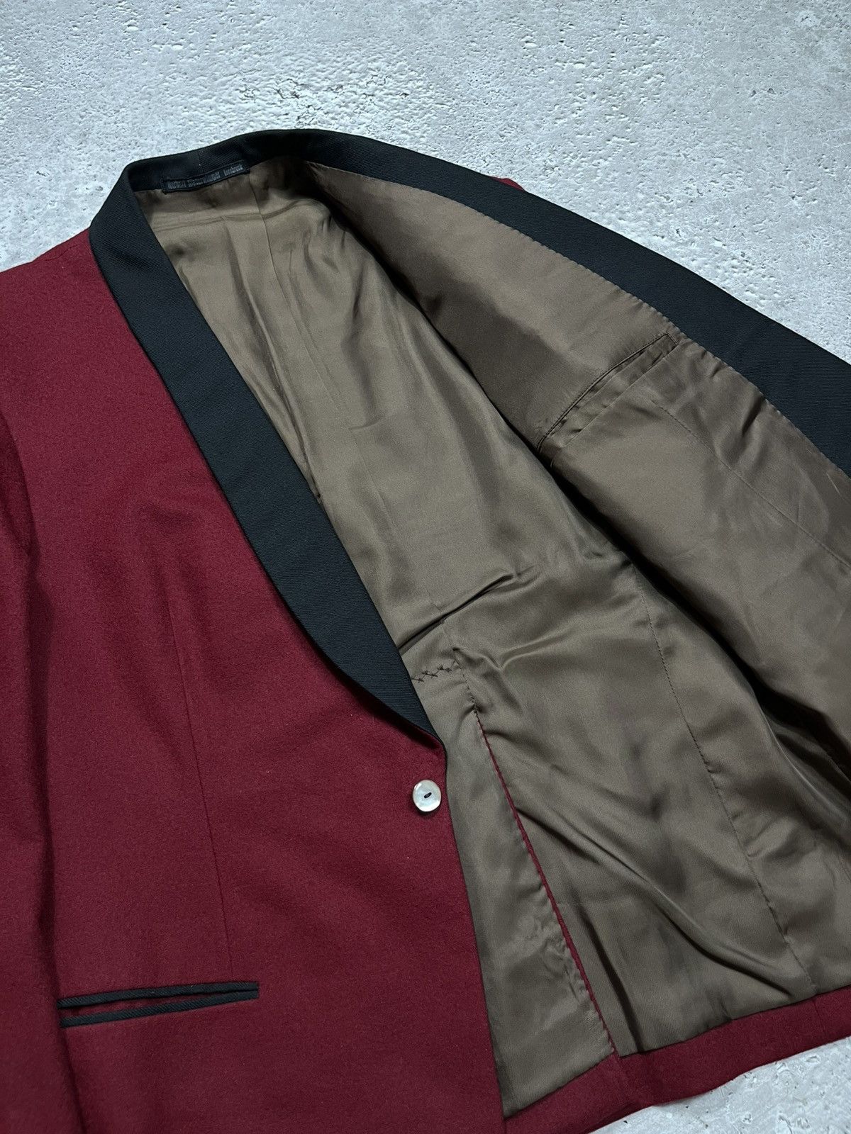 Japanese Brand Vintage Wool Tuxedo Blazer Burgundy Black Shawl Collar Size 42R - 10 Thumbnail
