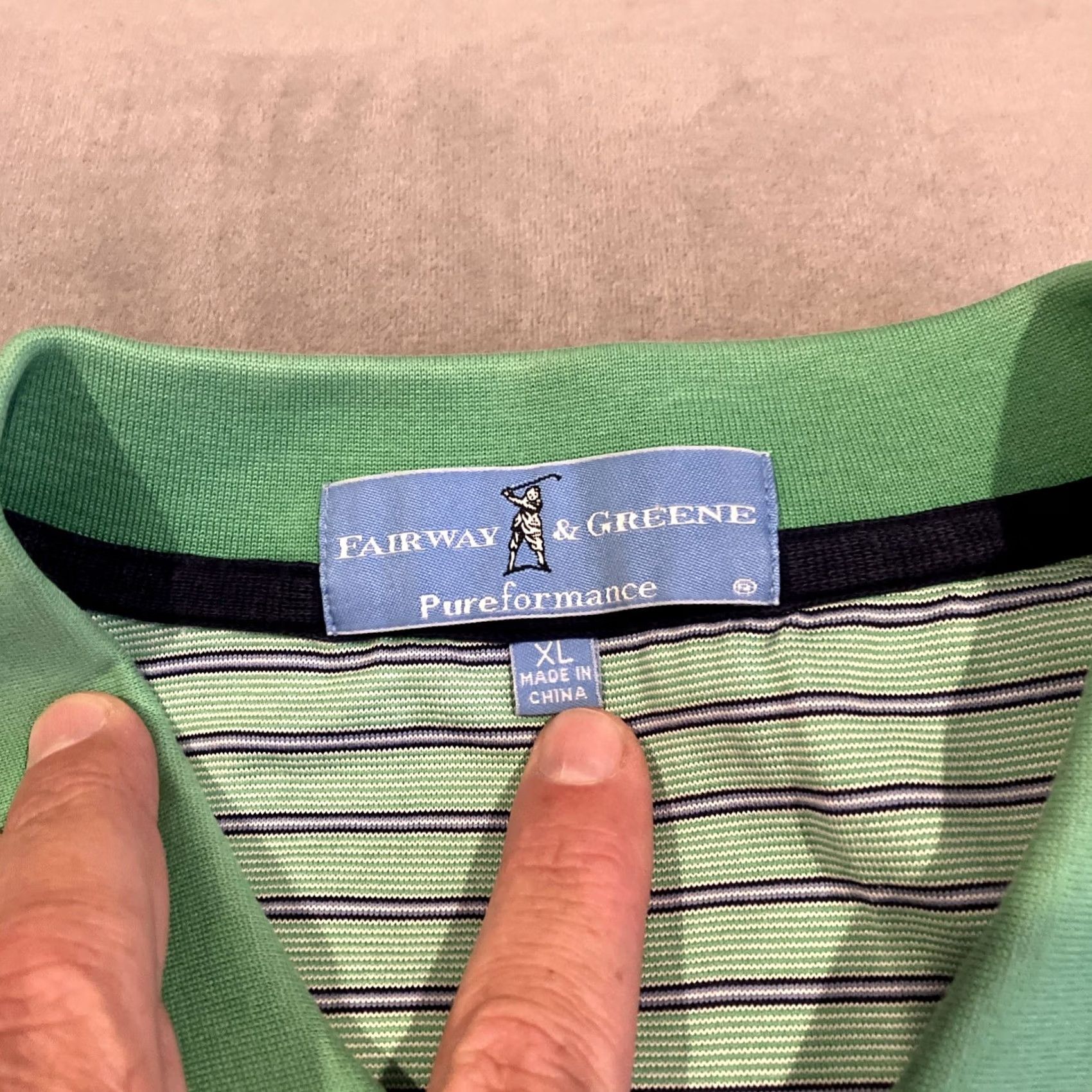 Vintage Fairway & Greene Polo Shirt Men XL Green Striped Collared Button Short Sleeve Logo Golf Cinnamon Hill Jamaica Size US XL / EU 56 / 4 - 3 Thumbnail