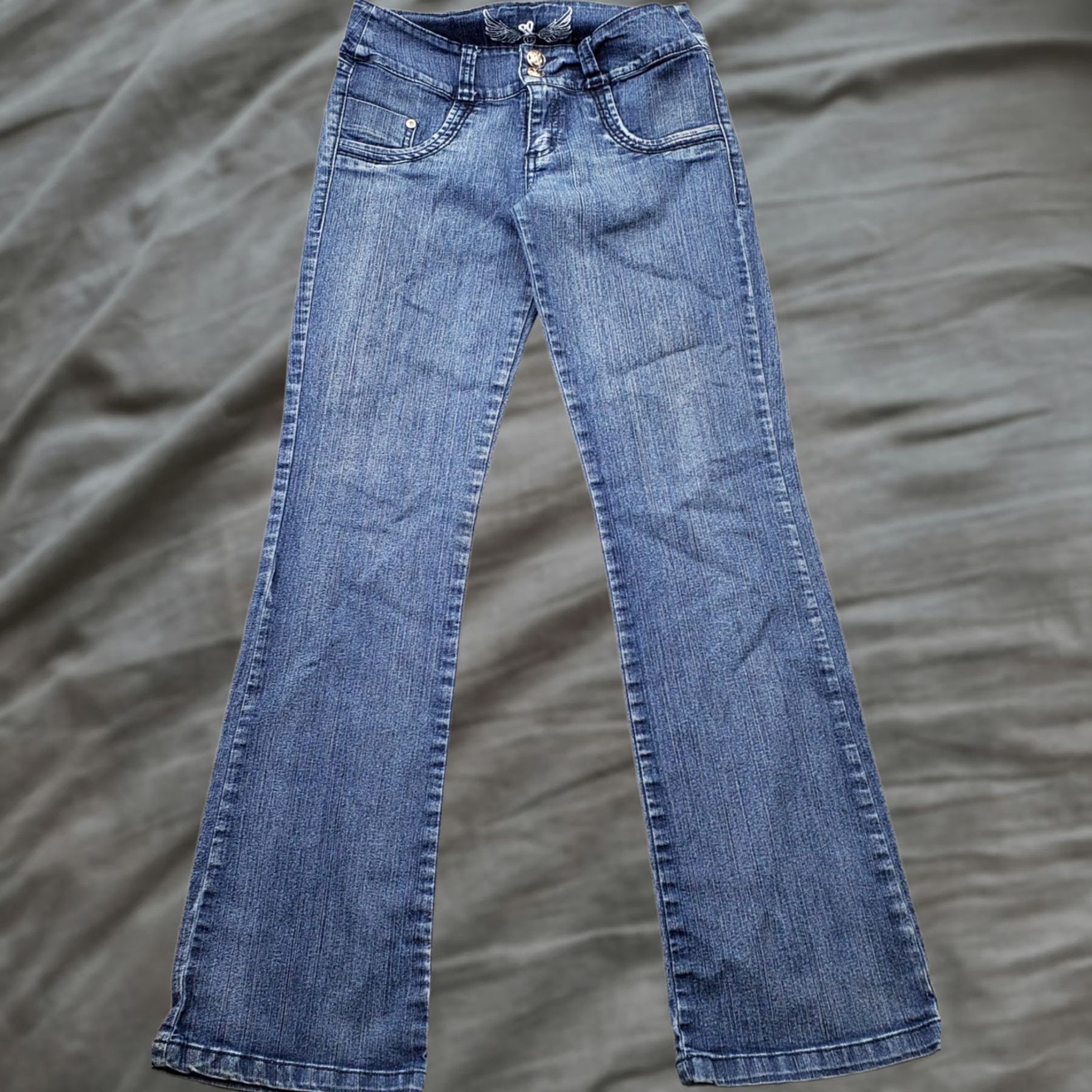 Denime SL Bootcut Jeans Women 12 Blue Denim 2 Button Fly Rhinestone Pocket Stitch 5-Pocket Womens Size 12 Size 34" / US 12 / IT 48 - 1 Thumbnail