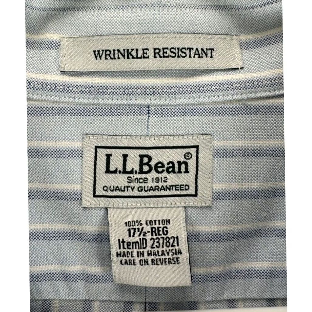 Vintage L.L. Bean Dress Shirt Men 17.5 Blue Double Stripe Wrinkle Resistant Pocket Short Sleeve Size 48R - 3 Thumbnail