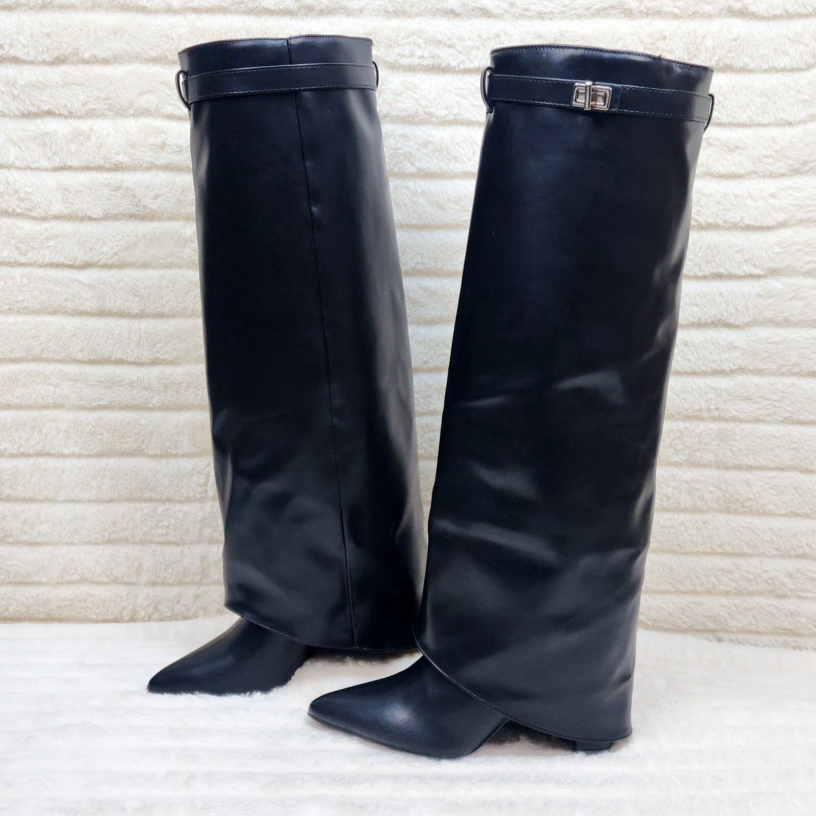 Other Paris Black Skirted Fold Over 3.5" Block Heel Knee High Boot Size US 6 / IT 36 - 7 Thumbnail