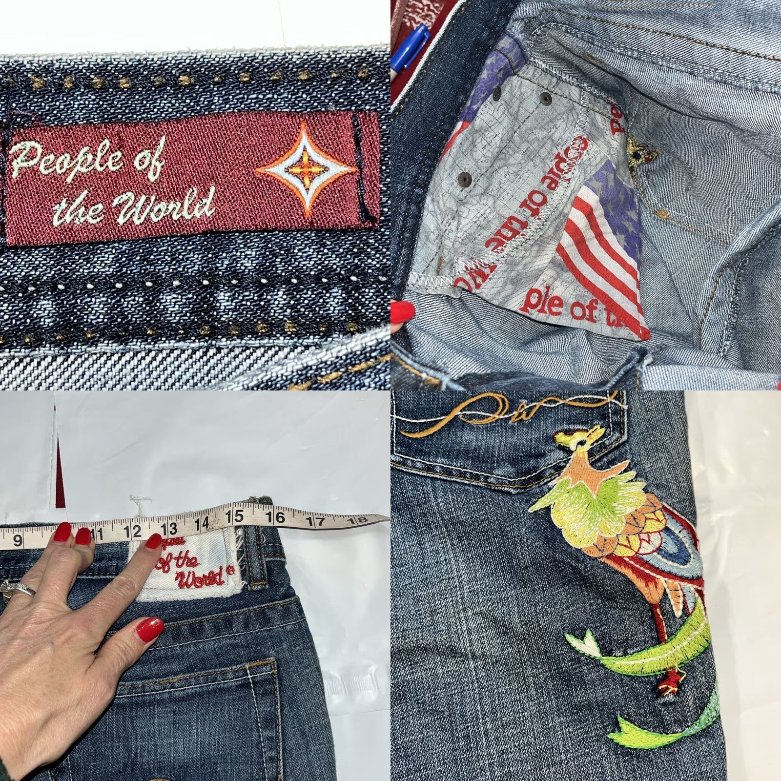 Vintage VINTAGE People of the World Jeans Low Rise 31 BLUE Embroidered Tropical Bird Peacock Flowers 5-Pocket Womens Boots Cut Inseam 34(Size 31) Size 24" / US 00 / IT 34 - 9 Thumbnail
