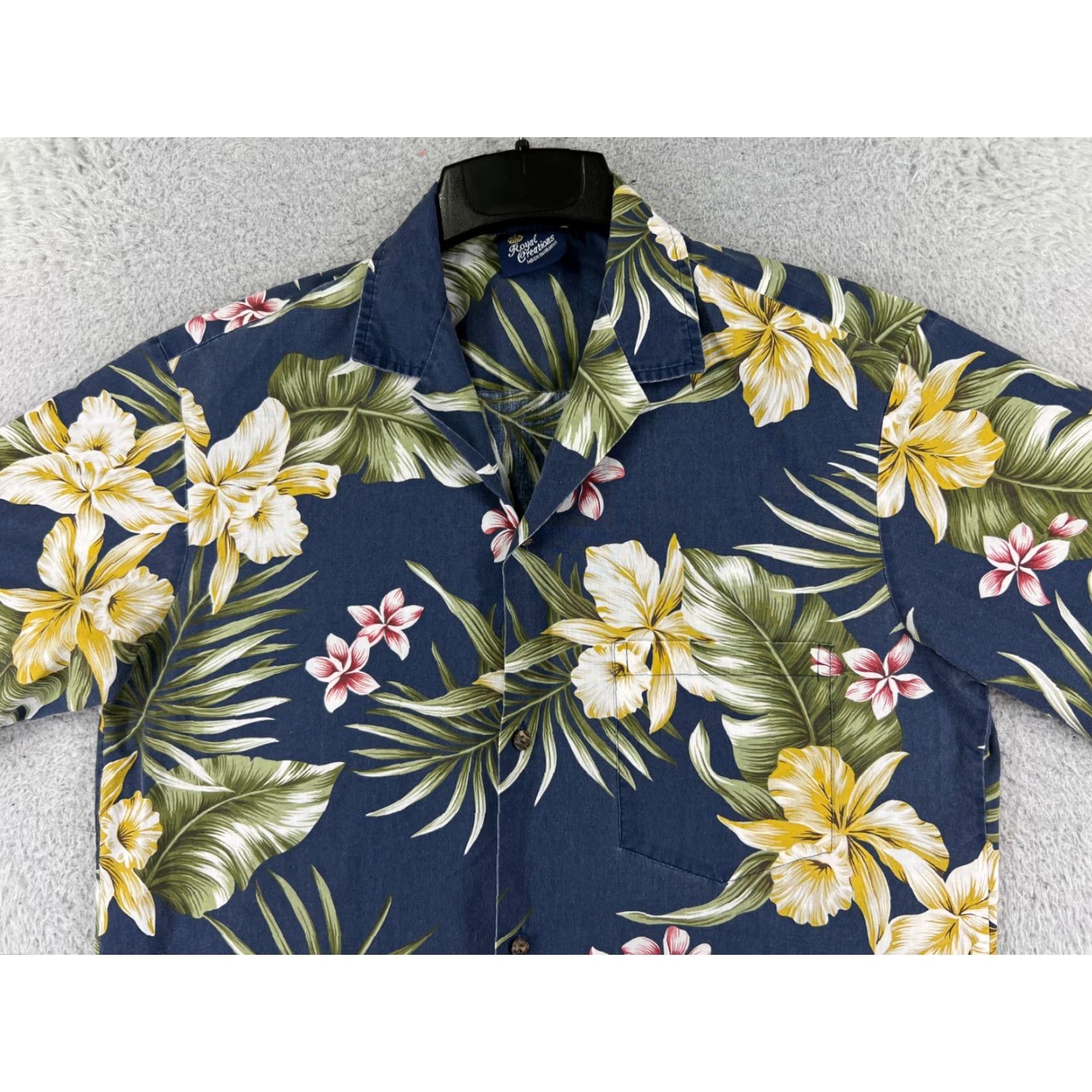 Vintage VINTAGE Royal Creations Hawaiian Shirt Mens Button-Up Dark Blue Floral Palm Plumeria Poly Blend M Short Sleeve Collared Casual Beach Aloha 70s 80s Size US M / EU 48-50 / 2 - 4 Thumbnail