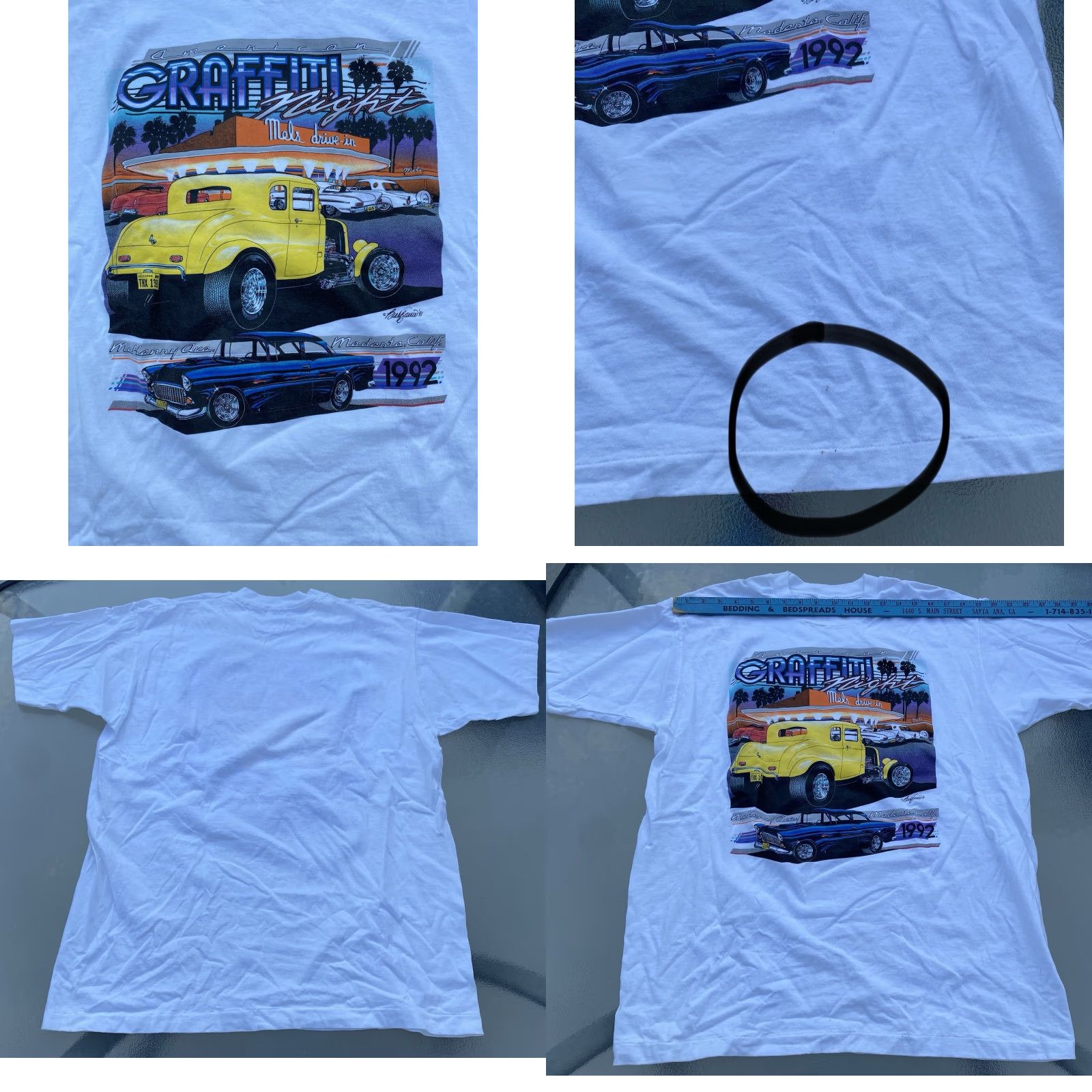 Fruit Of The Loom VINTAGE American Graffiti Night Mels Deive In Modesto 1992 T-Shirt Tee XL White USA 90s Cars City Thread: Fruit of the Loom Men T-Shirt Size US XL / EU 56 / 4 - 10 Thumbnail