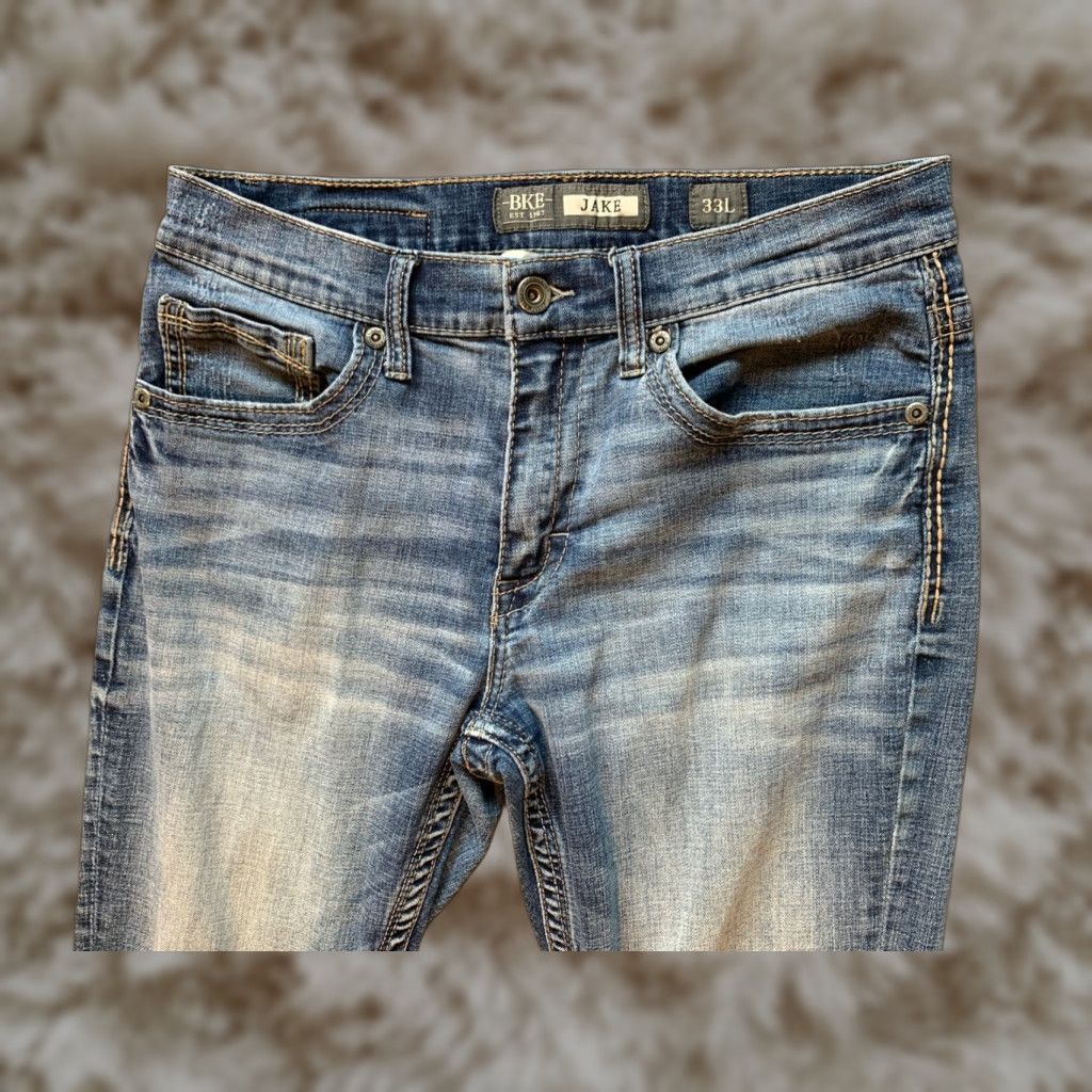 BKE Jeans Mens 33L 33x33 Jake Straight Leg Blue Denim Whiskering Stretch