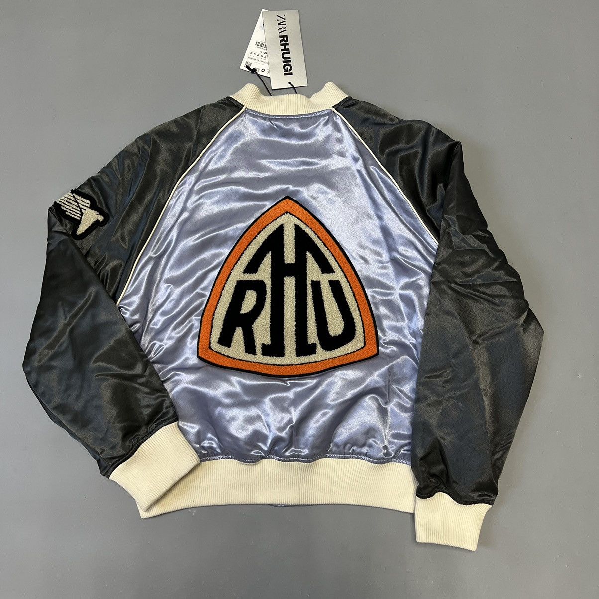 image of Rhude x Zara New Satin Bomber Jacket Size M in Blue/Gray, Men's