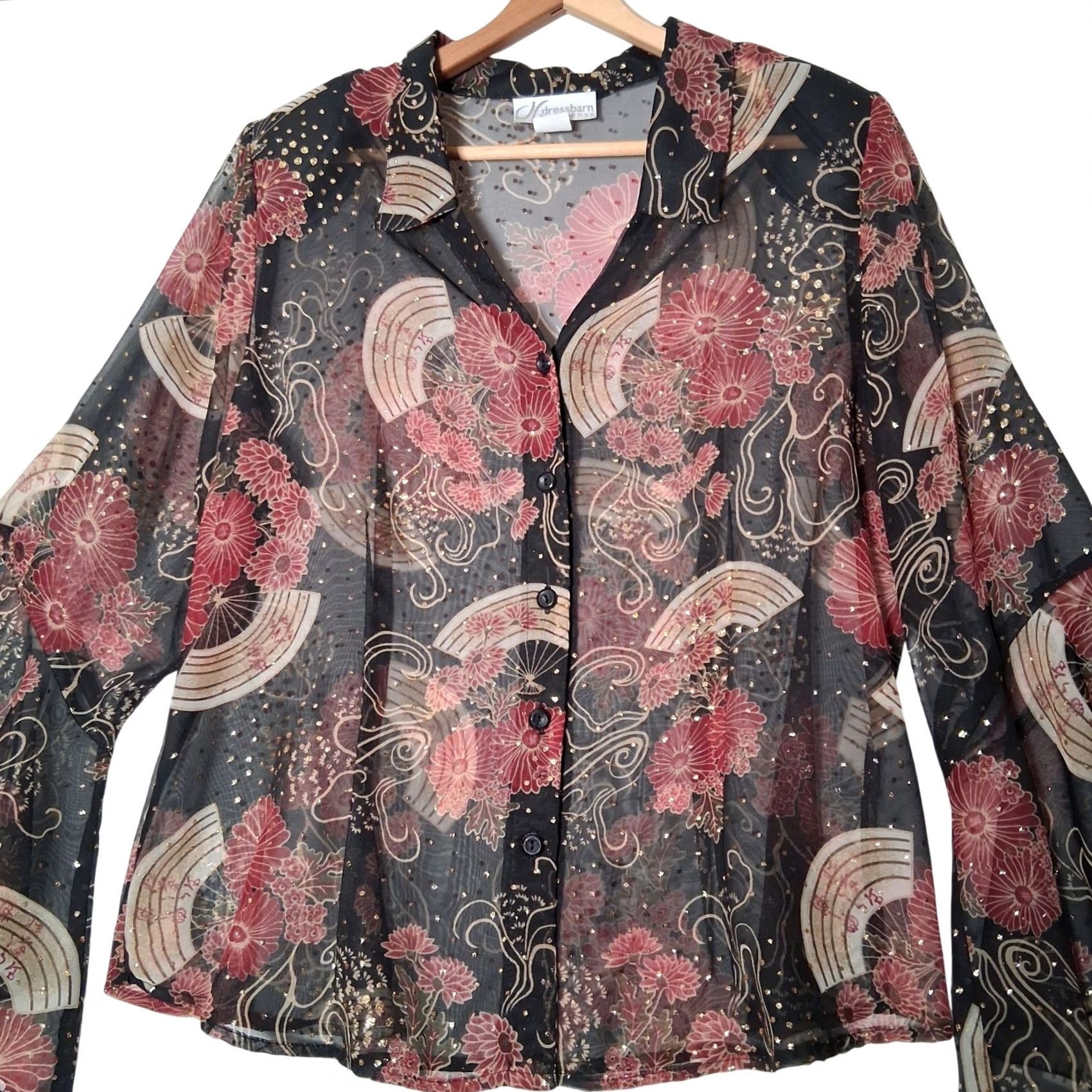 Vintage VINTAGE Dressbarn Blouse Plus Size 18/20 Sheer Black Metallic Gold Floral Bell Sleeve Peasant Bohemian Y2K Fashion Women Mens? Size XXL / US 16-18 / IT 52-54 - 4 Thumbnail