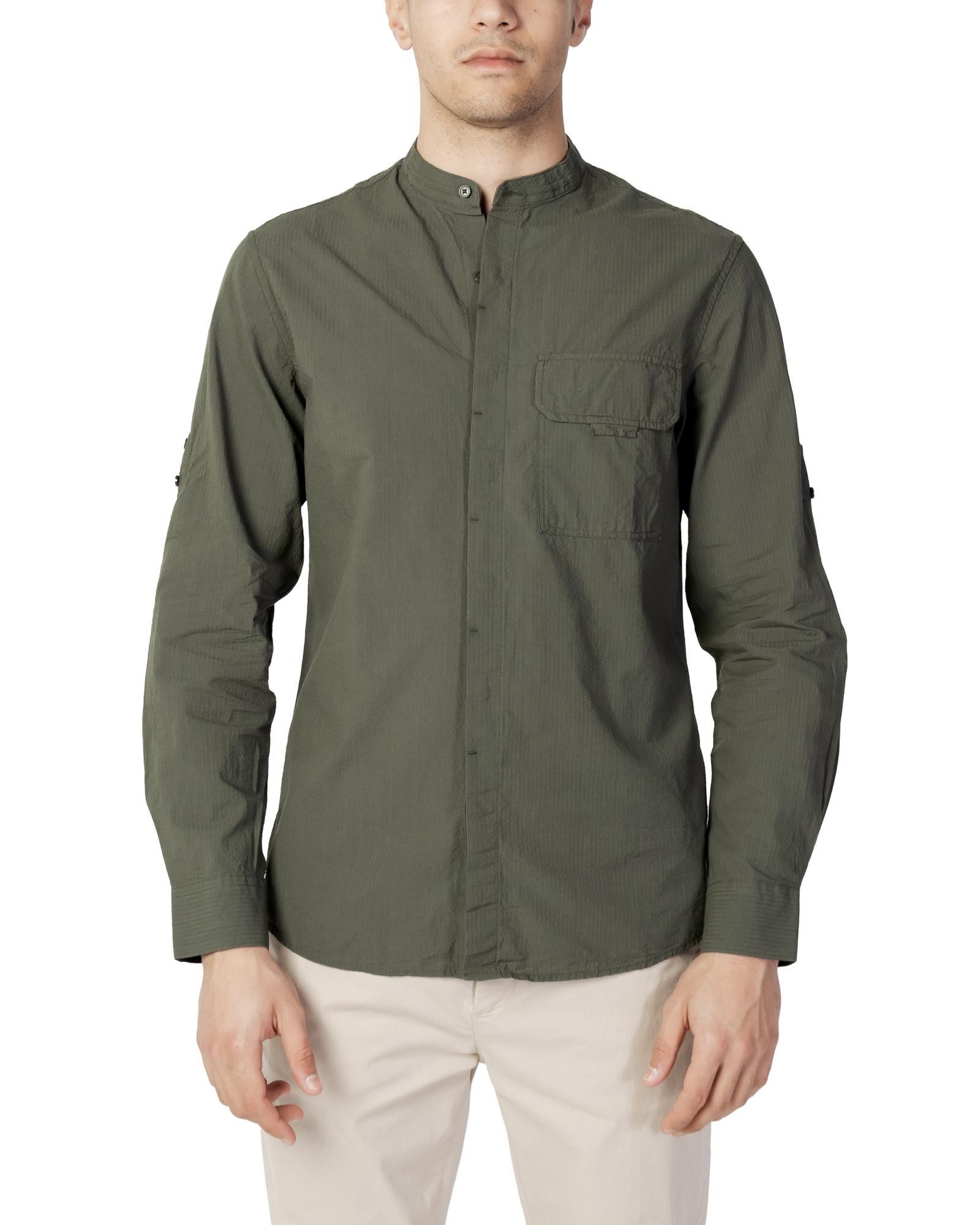 image of Antony Morato Plain Long Sleeve Mandarin Collar Shirt in Green, Men's (Size Medium)