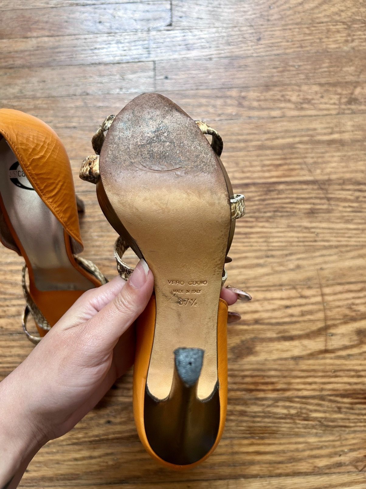 Roberto Cavalli Roberto Cavalli Orange & Black Heels with Snakeskin Straps Size US 7.5 / IT 37.5 - 6 Thumbnail