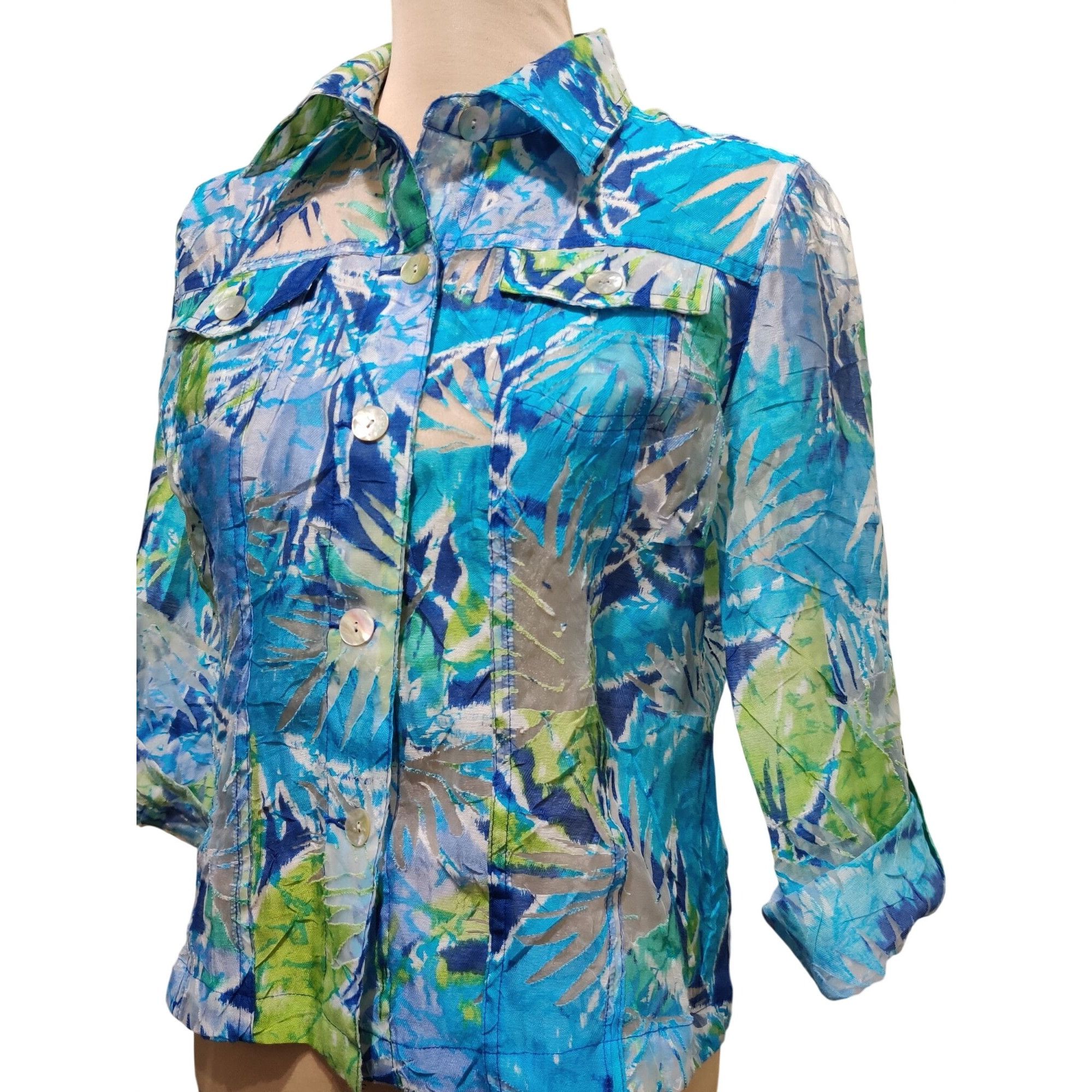 Other Ruby Rd 10 Womens Blue Green Blouse Tropical Button Front Se Size L / US 10 / IT 46 - 11 Thumbnail